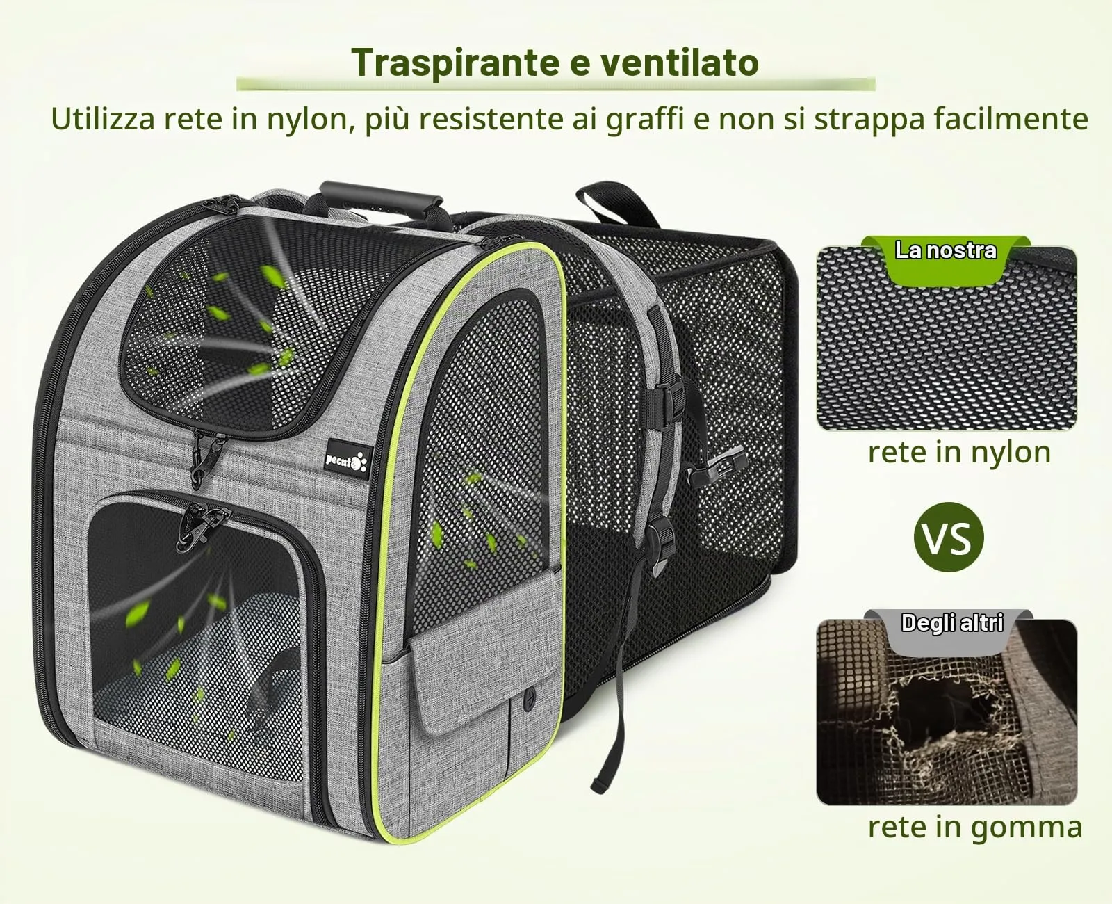 Pecute Zaino Trasportino per Cani e Gatti con Tende a Rullo, Grigio - immagine 4