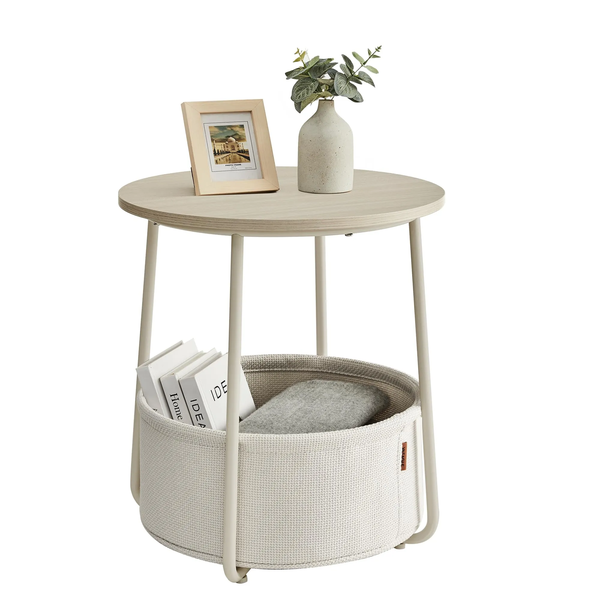 VASAGLE Lilea Tavolino Rotondo con Cestino in Tessuto, Beige Naturale e Bianco Crema LET223K67 - immagine 1