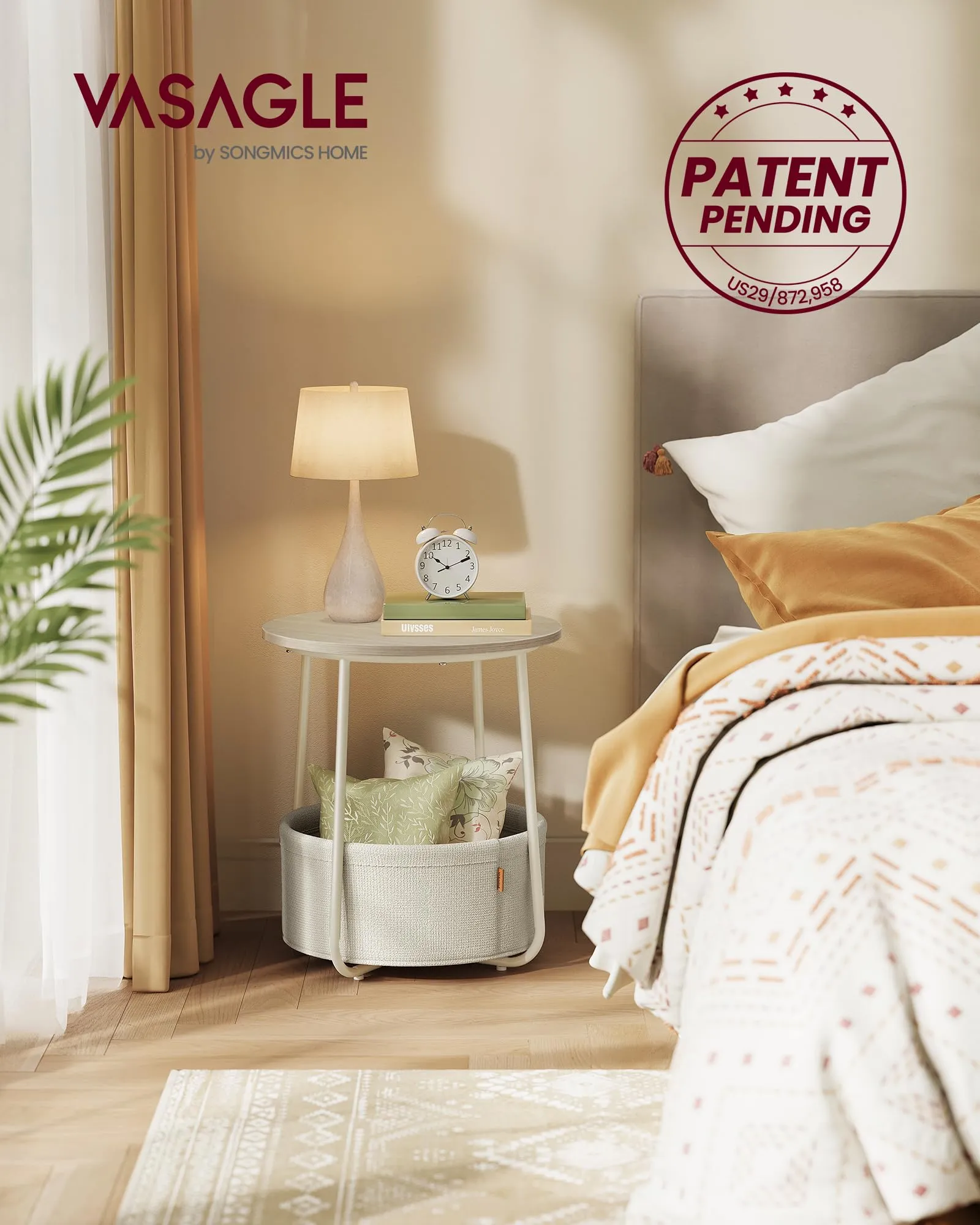 VASAGLE Lilea Tavolino Rotondo con Cestino in Tessuto, Beige Naturale e Bianco Crema LET223K67 - immagine 2