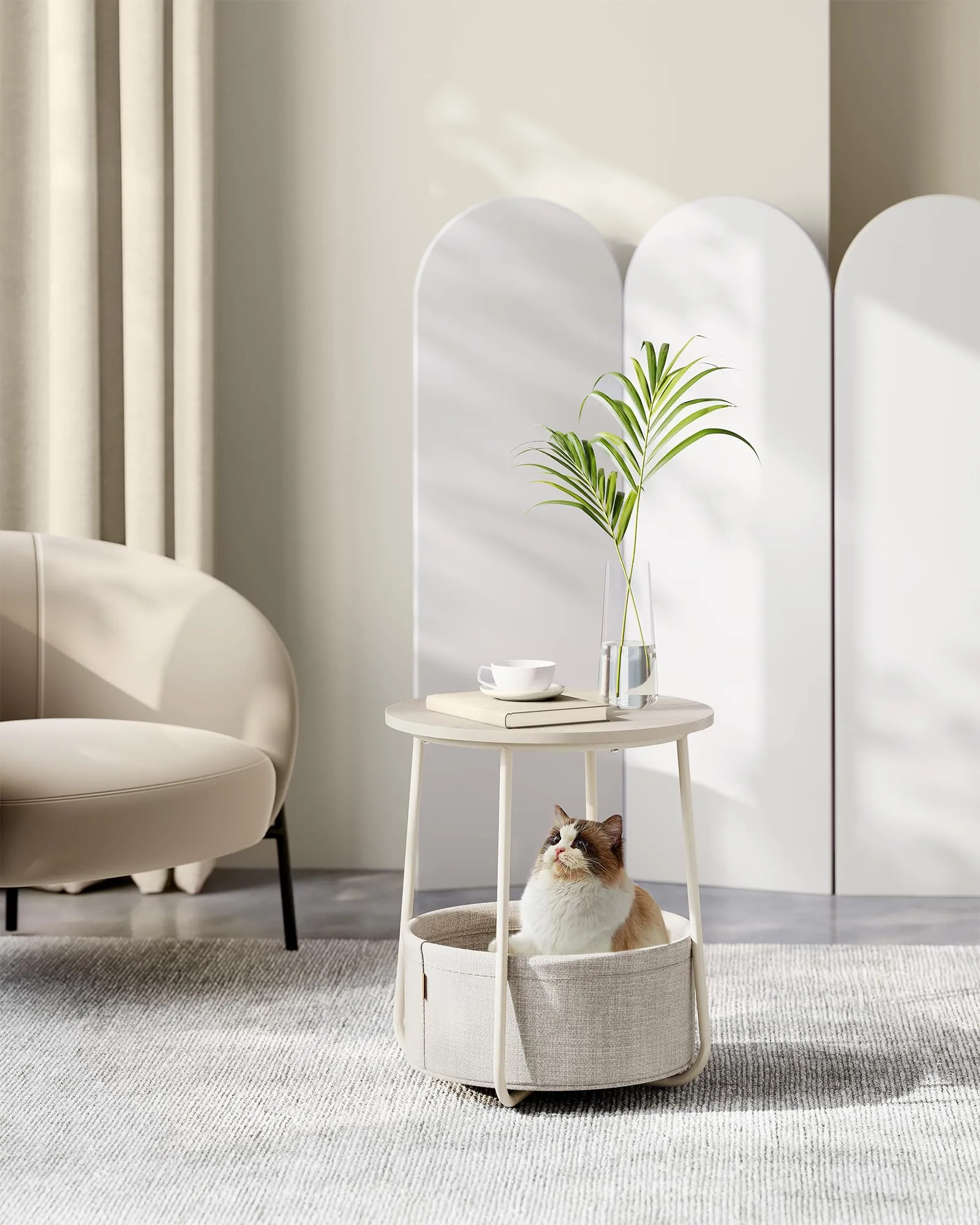 VASAGLE Lilea Tavolino Rotondo con Cestino in Tessuto, Beige Naturale e Bianco Crema LET223K67 - immagine 3