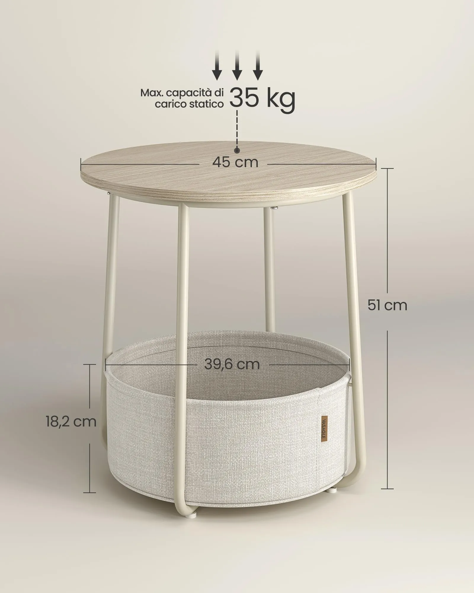 VASAGLE Lilea Tavolino Rotondo con Cestino in Tessuto, Beige Naturale e Bianco Crema LET223K67 - immagine 4