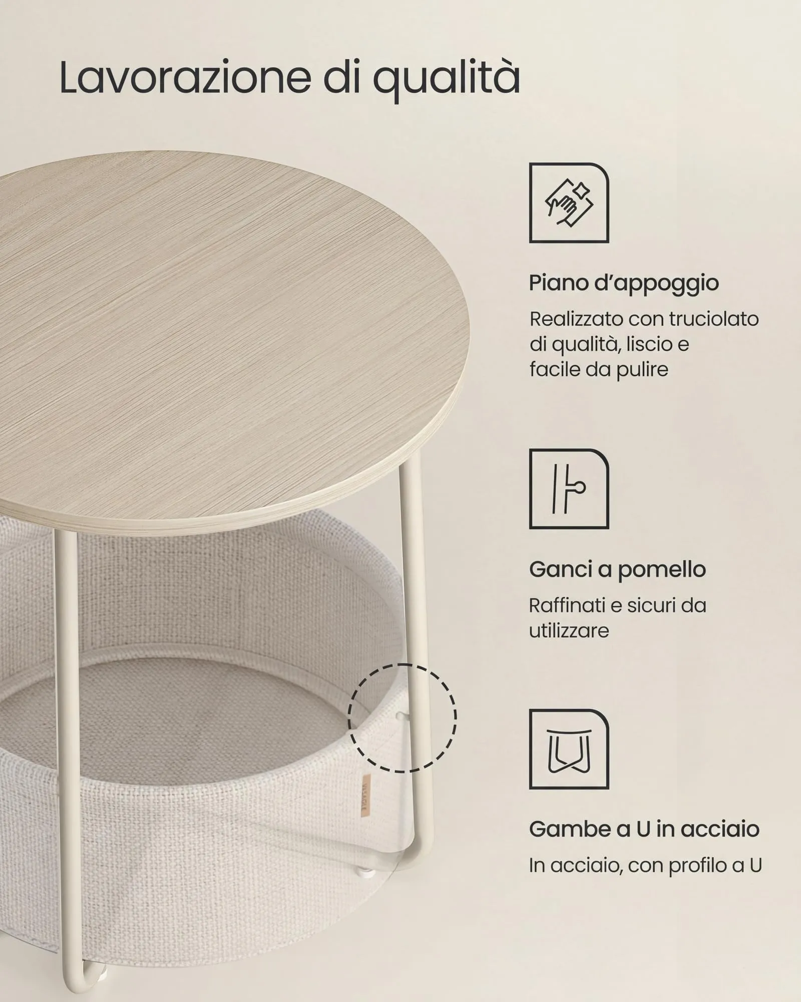 VASAGLE Lilea Tavolino Rotondo con Cestino in Tessuto, Beige Naturale e Bianco Crema LET223K67 - immagine 5