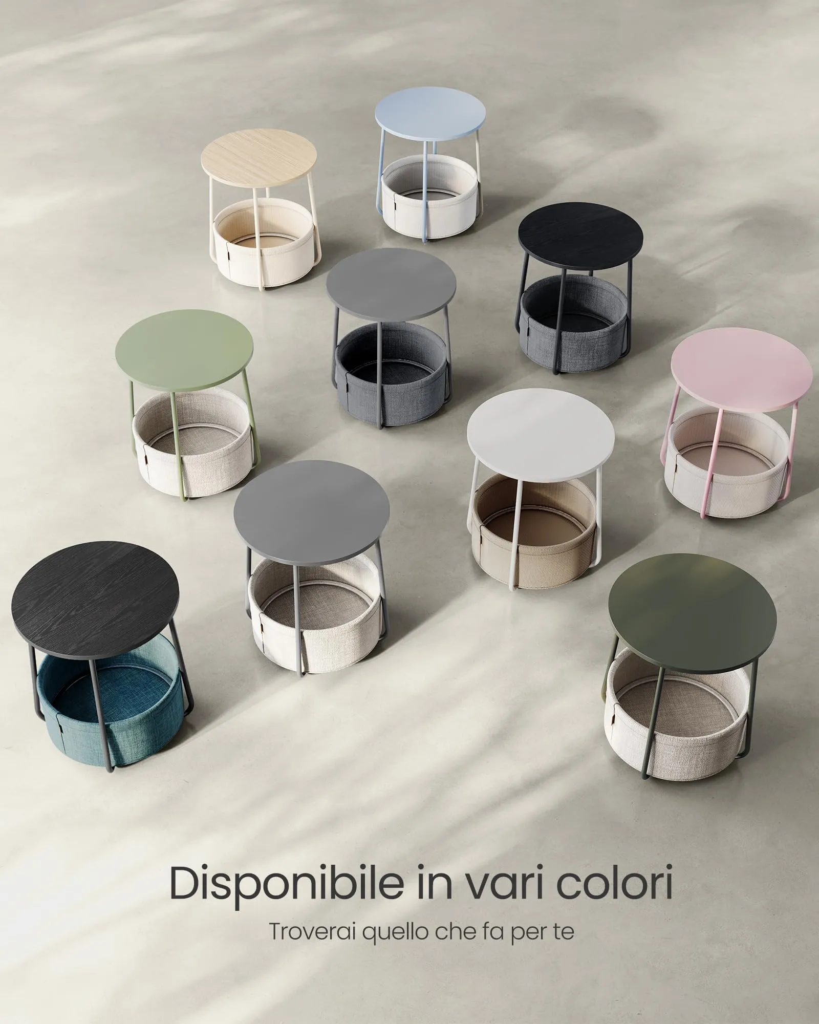 VASAGLE Lilea Tavolino Rotondo con Cestino in Tessuto, Beige Naturale e Bianco Crema LET223K67 - immagine 8