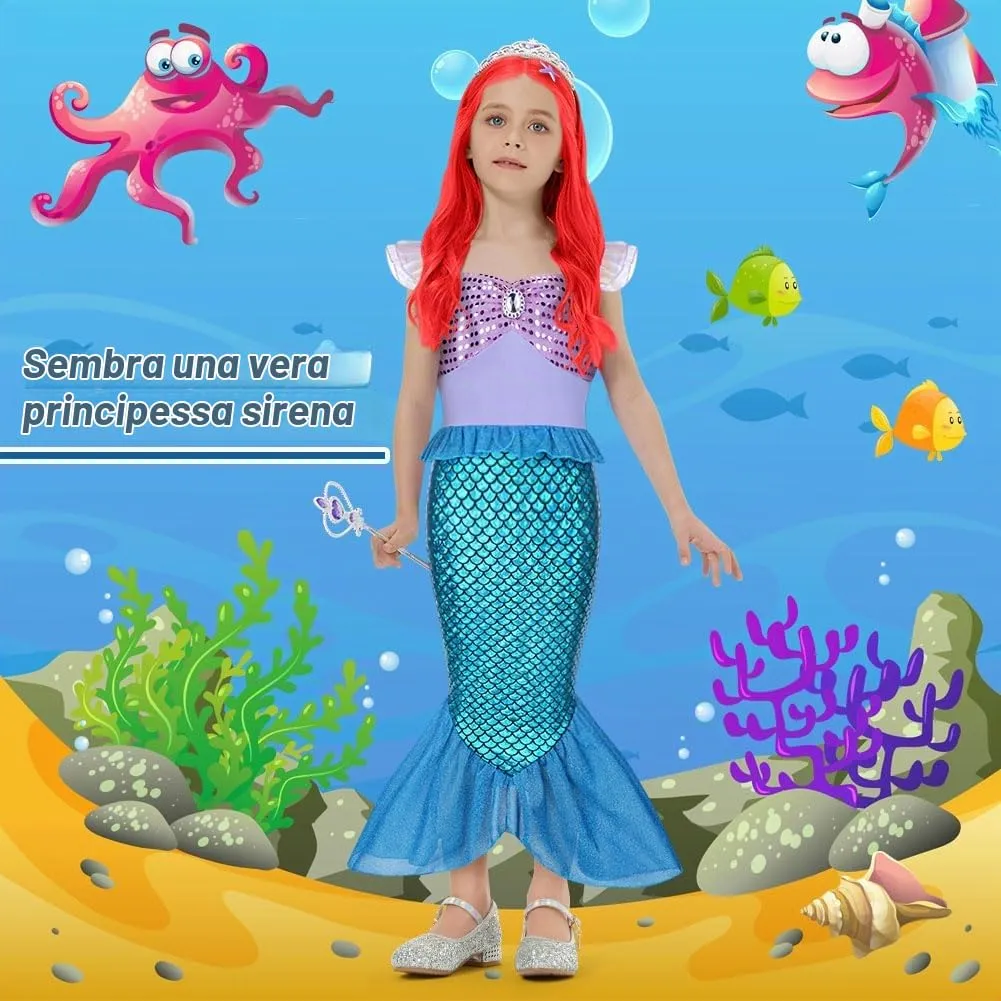 AOOWU Vestito Sirenetta Bambina con Parrucca, Corona e Scettro (150cm) - immagine 2