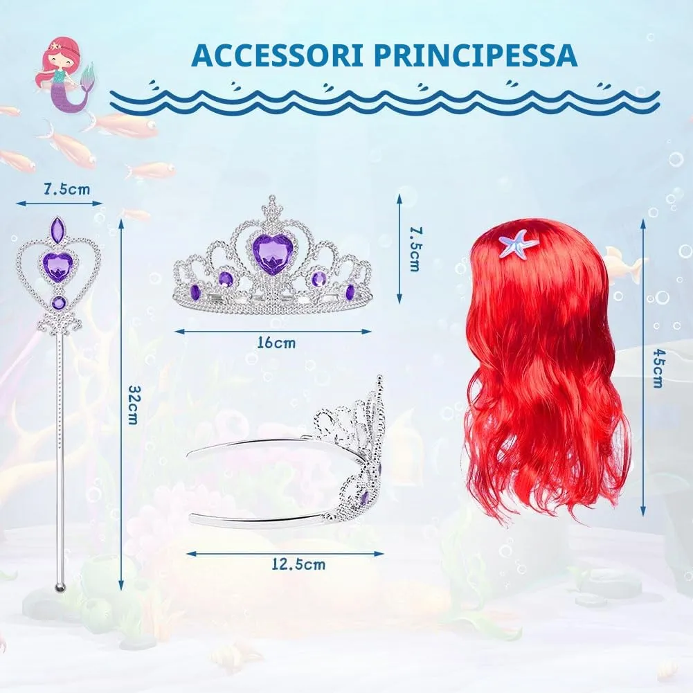 AOOWU Vestito Sirenetta Bambina con Parrucca, Corona e Scettro (150cm) - immagine 4