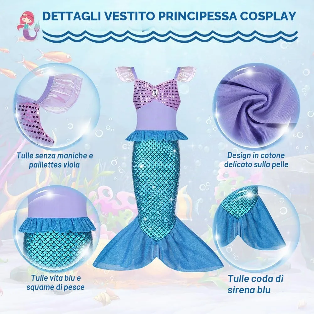 AOOWU Vestito Sirenetta Bambina con Parrucca, Corona e Scettro (150cm) - immagine 5
