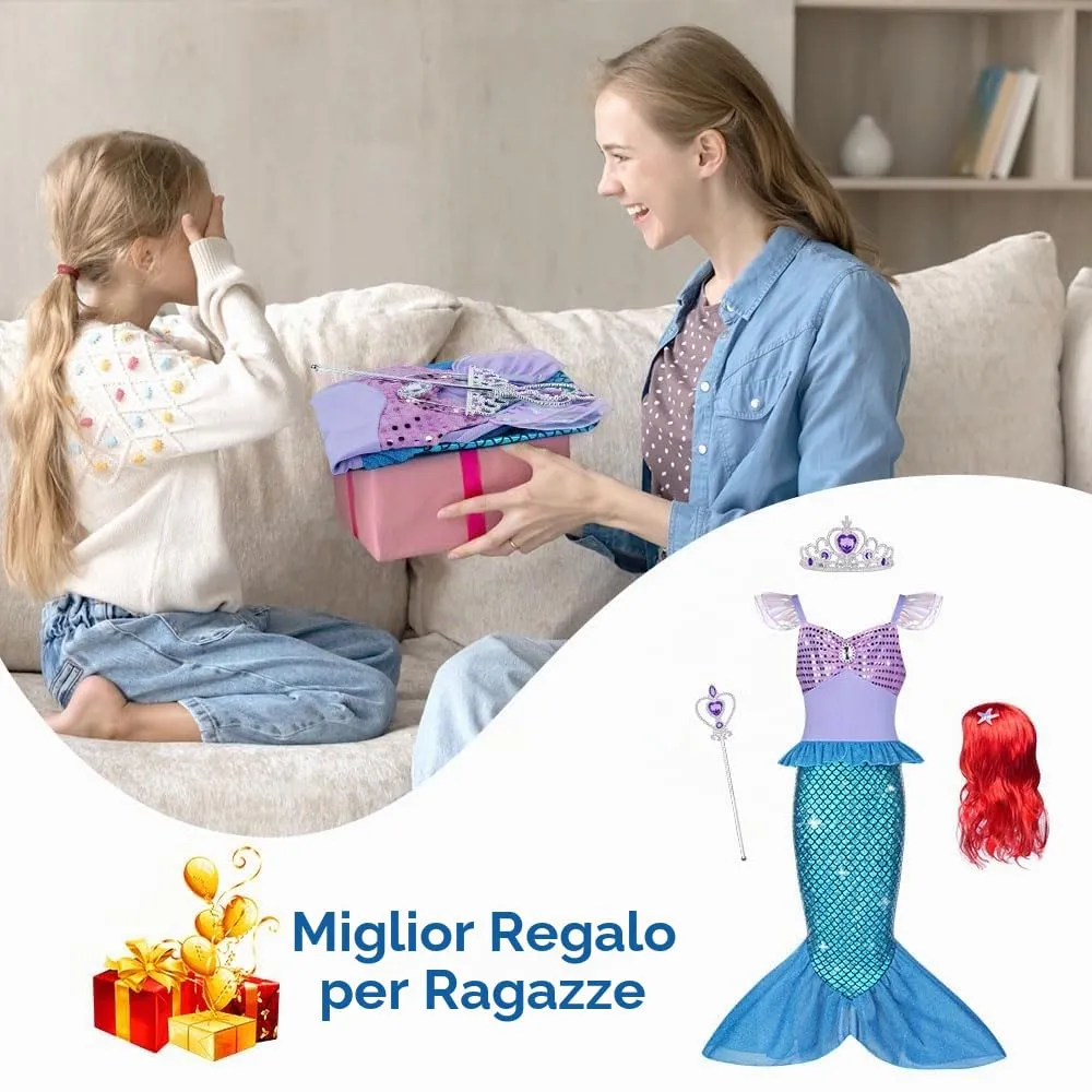 AOOWU Vestito Sirenetta Bambina con Parrucca, Corona e Scettro (150cm) - immagine 7