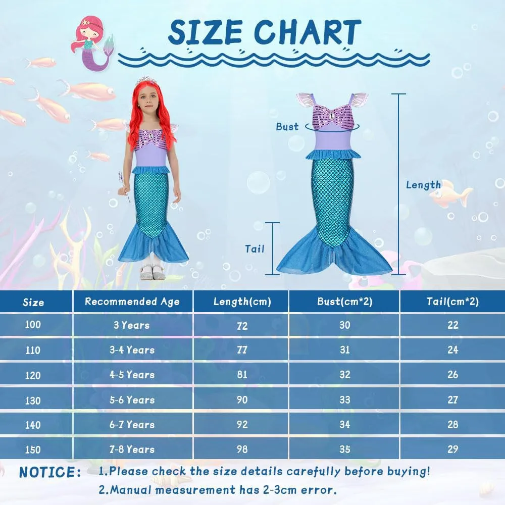 AOOWU Vestito Sirenetta Bambina con Parrucca, Corona e Scettro, 100cm - immagine 3