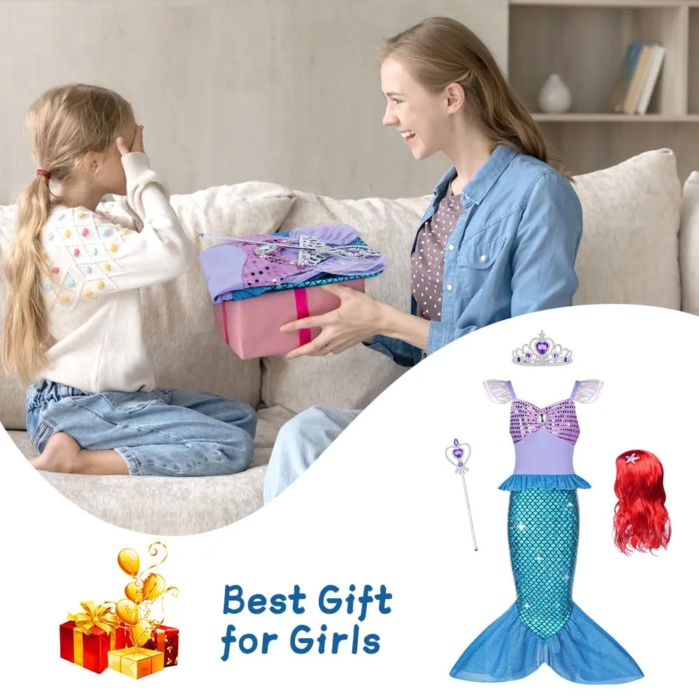 AOOWU Vestito Sirenetta Bambina con Parrucca, Corona e Scettro, 100cm - immagine 7