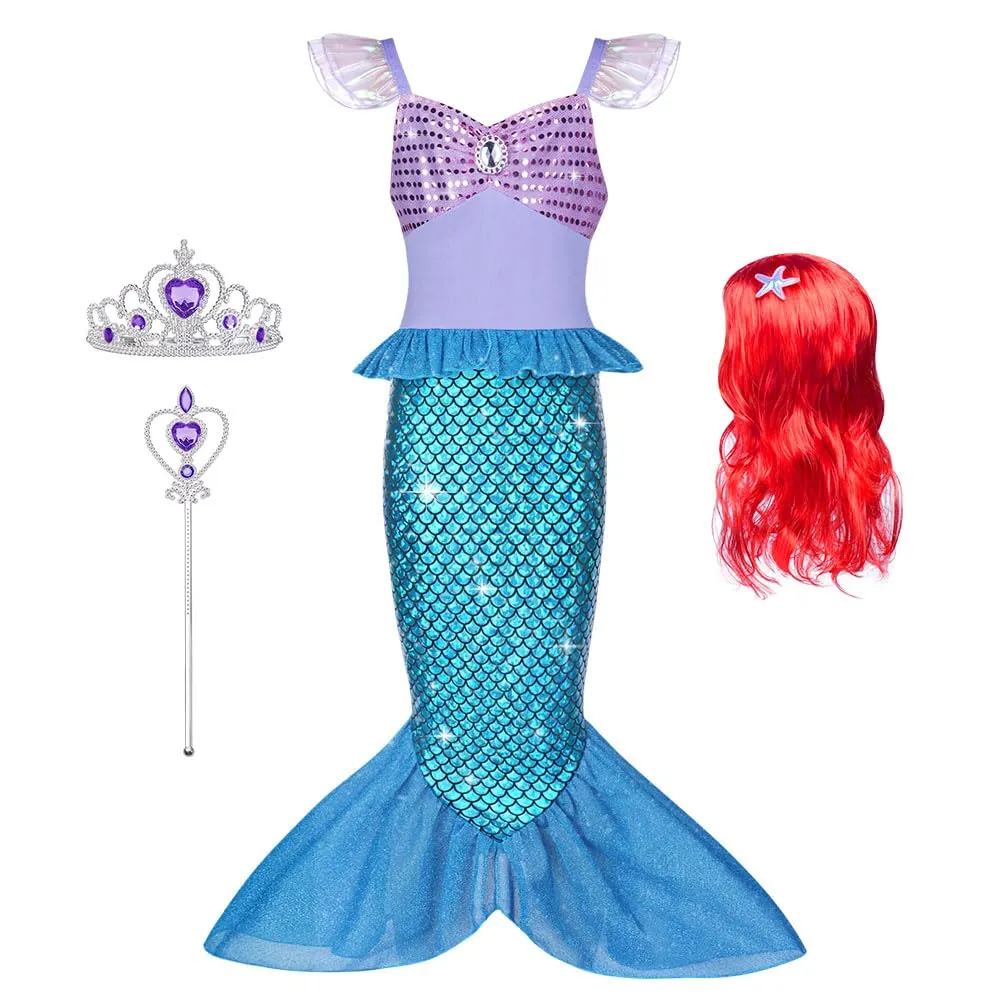 AOOWU Vestito Sirenetta Bambina con Parrucca, Costume Principessa Sirena per Halloween e Carnevale (110cm) - immagine 1