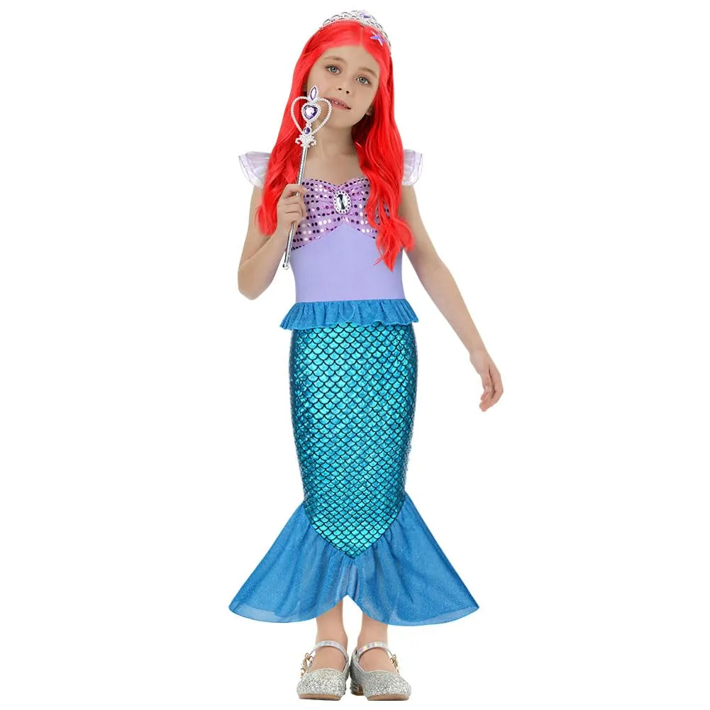 AOOWU Vestito Sirenetta Bambina con Parrucca, Corona e Scettro (140cm) - immagine 9