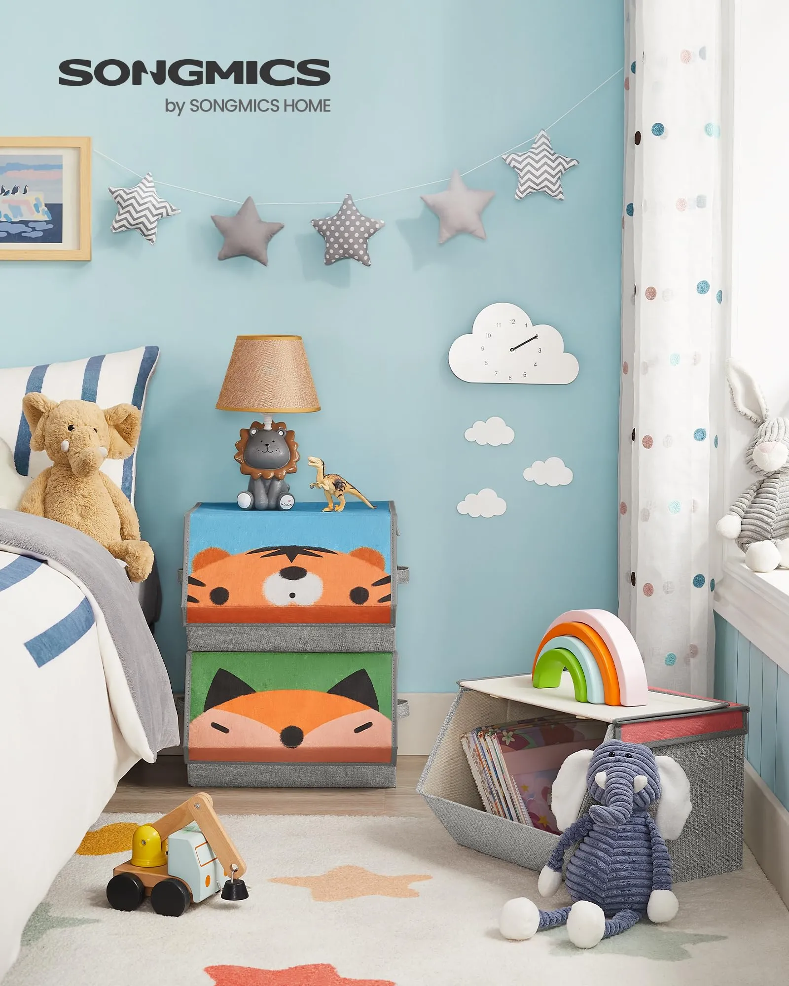 SONGMICS Organizzatori per Bambini, 3 Scatole Portaoggetti Impilabili e Pieghevoli con Manici e Coperchio Magnetico, Tema Orso Tigre Volpe, RFB760P03 - immagine 2