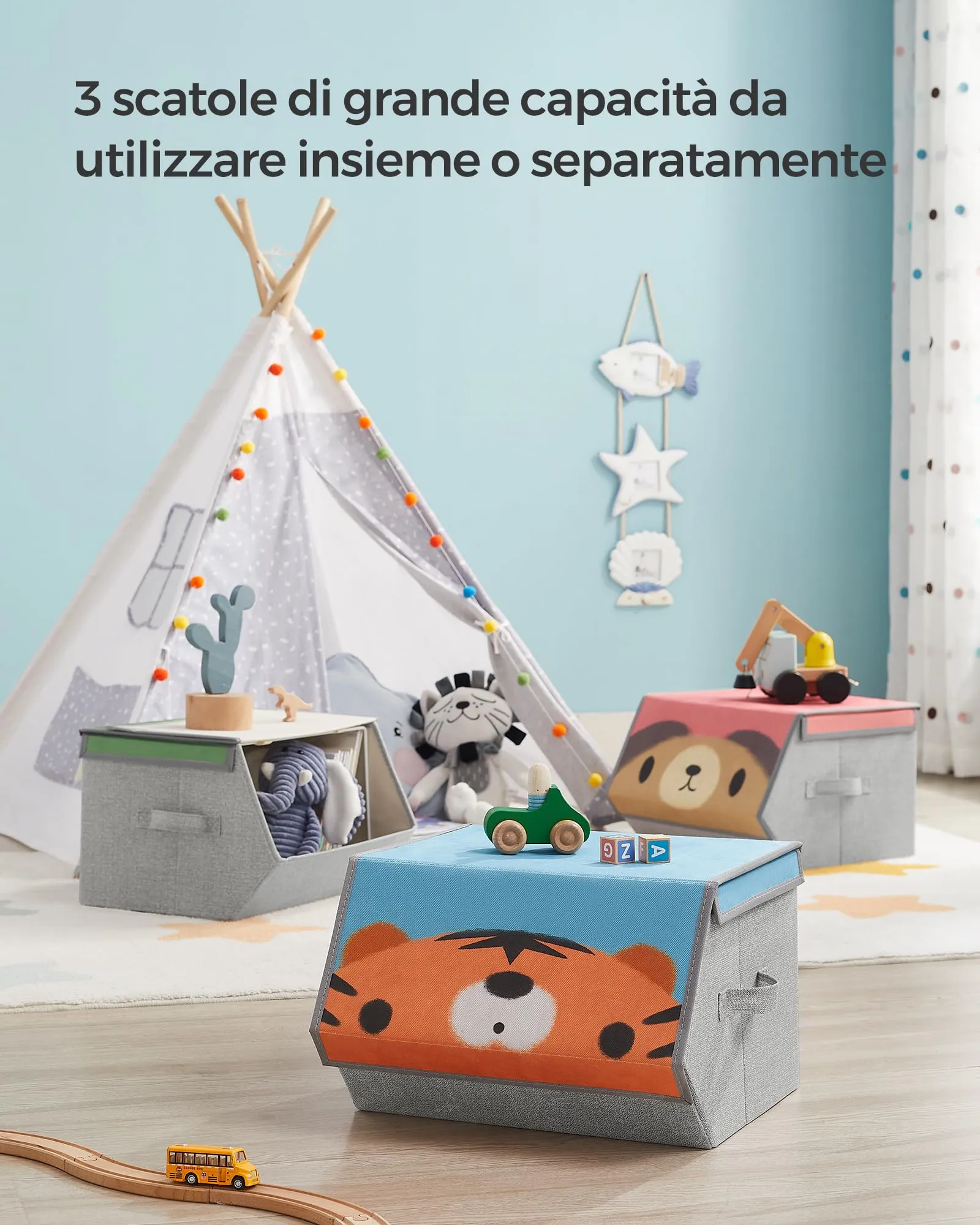 SONGMICS Organizzatori per Bambini, 3 Scatole Portaoggetti Impilabili e Pieghevoli con Manici e Coperchio Magnetico, Tema Orso Tigre Volpe, RFB760P03 - immagine 3
