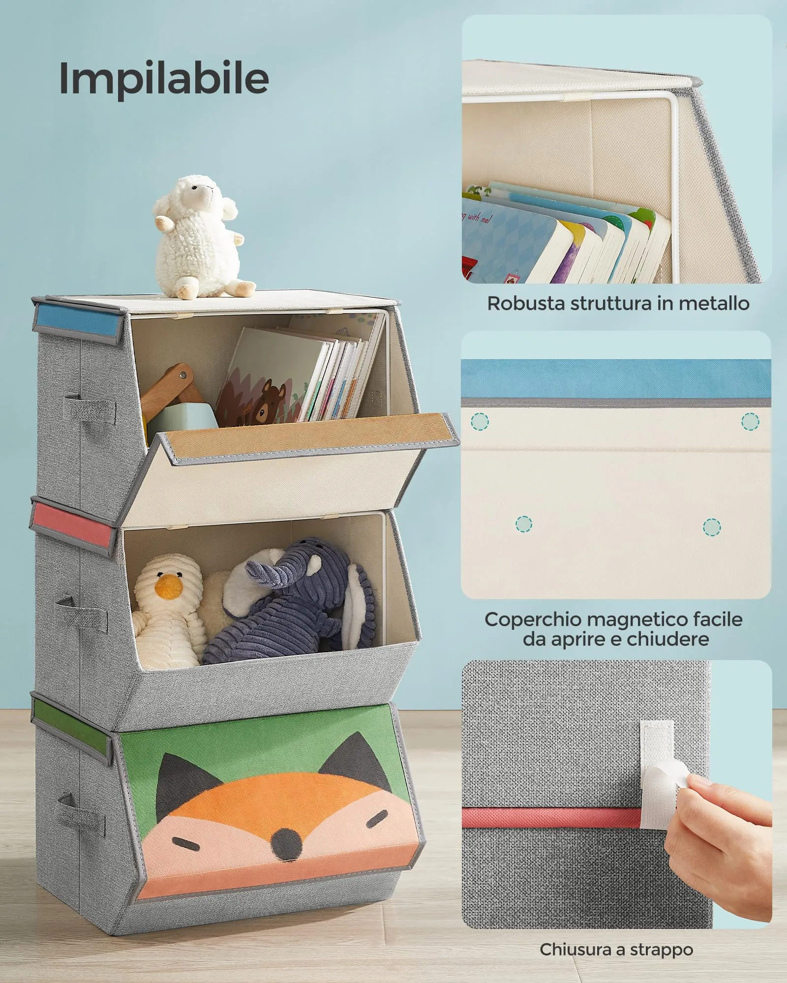 SONGMICS Organizzatori per Bambini, 3 Scatole Portaoggetti Impilabili e Pieghevoli con Manici e Coperchio Magnetico, Tema Orso Tigre Volpe, RFB760P03 - immagine 4