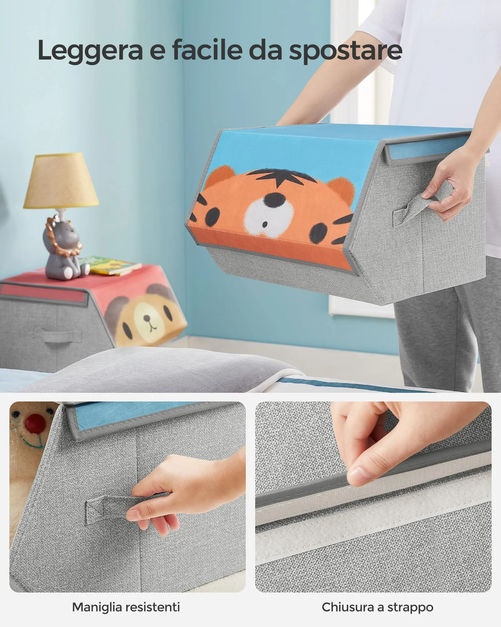 SONGMICS Organizzatori per Bambini, 3 Scatole Portaoggetti Impilabili e Pieghevoli con Manici e Coperchio Magnetico, Tema Orso Tigre Volpe, RFB760P03 - immagine 5