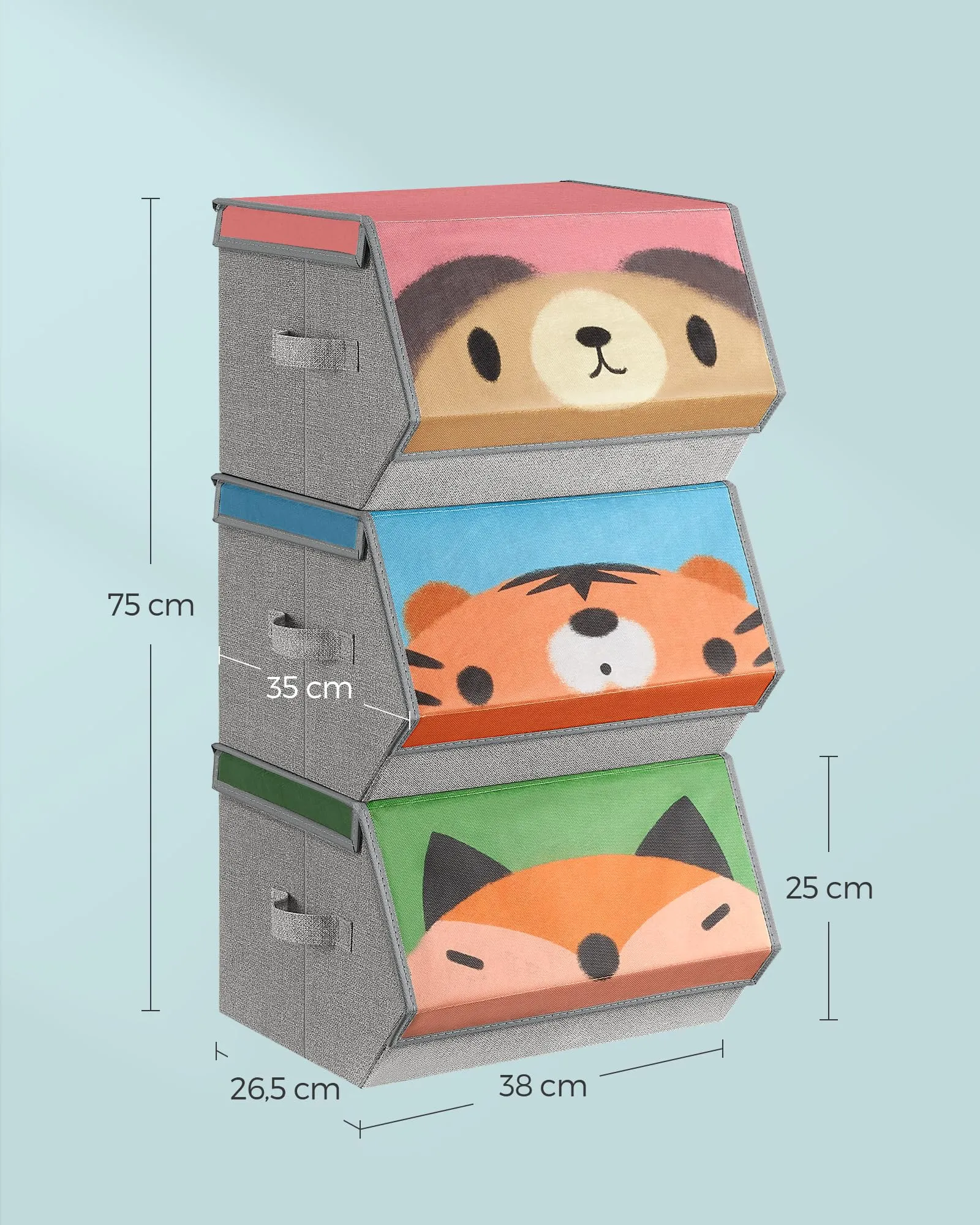 SONGMICS Organizzatori per Bambini, 3 Scatole Portaoggetti Impilabili e Pieghevoli con Manici e Coperchio Magnetico, Tema Orso Tigre Volpe, RFB760P03 - immagine 7