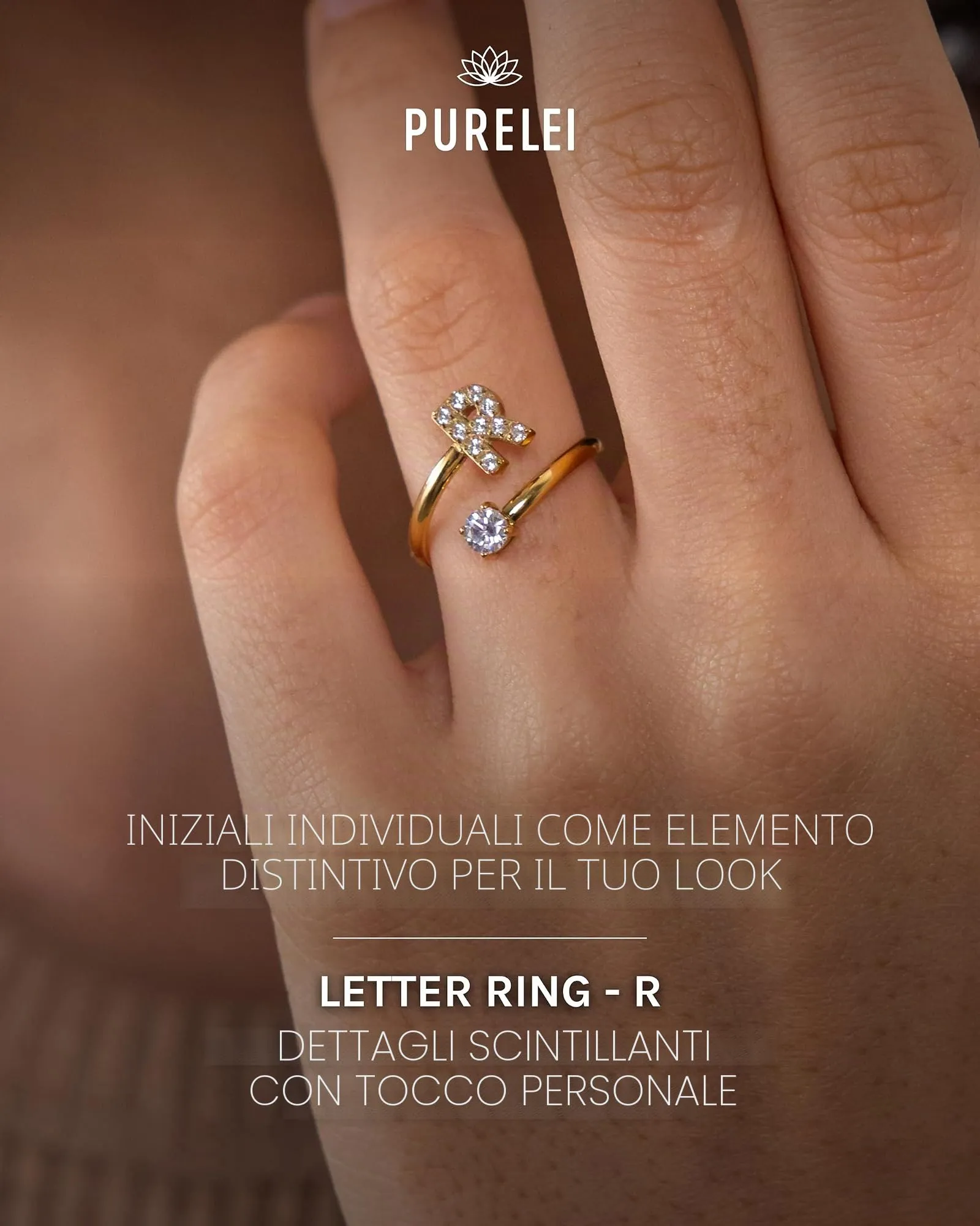 Purelei Anello con lettere in acciaio inossidabile regolabile con gemma zirconia cubica - immagine 2