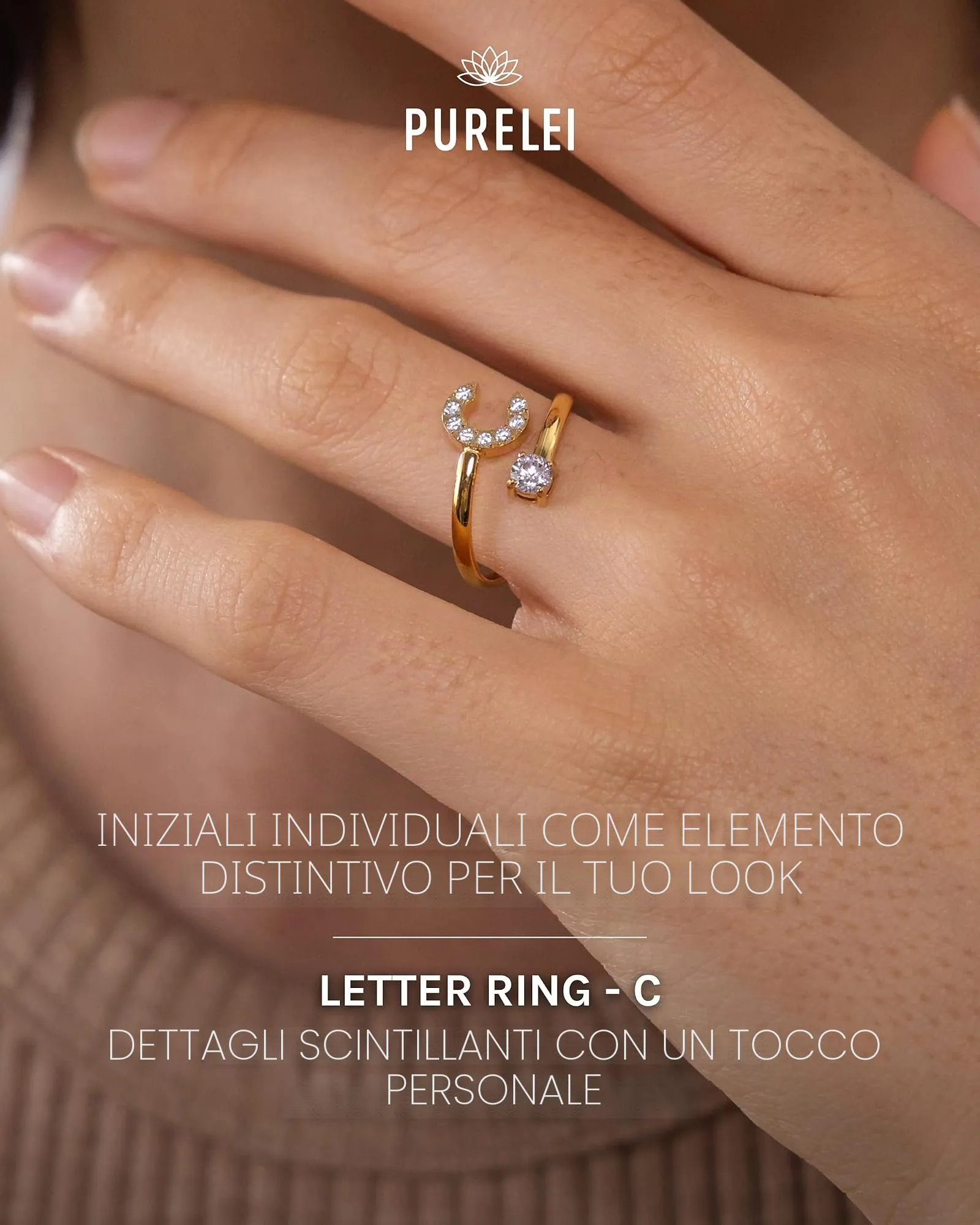 Purelei Anello con lettere in acciaio inossidabile, regolabile (taglia 50-60), oro - immagine 2