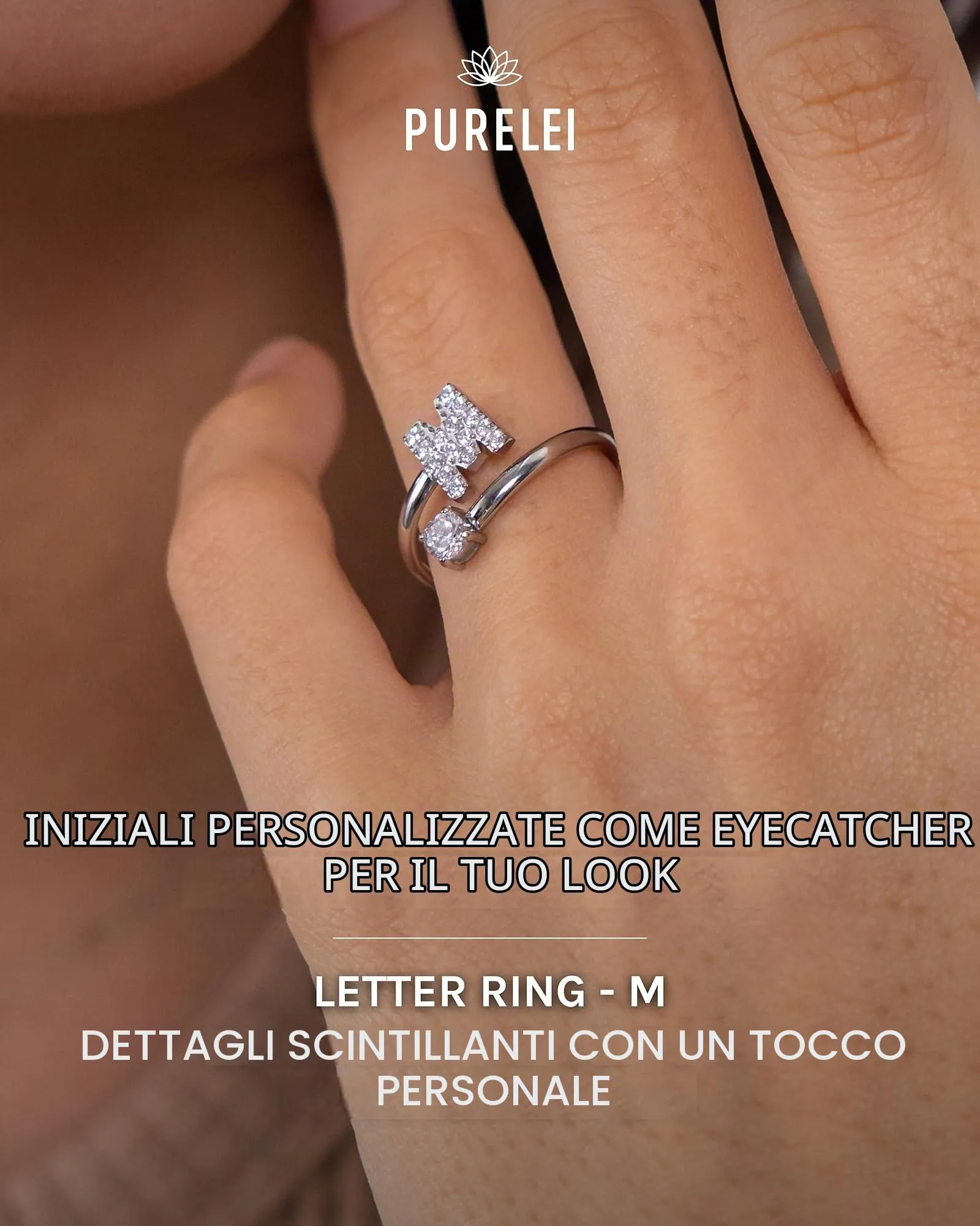 Purelei Anello Lettere in acciaio inossidabile, Regolabile (taglia 50-60), Argento - immagine 2