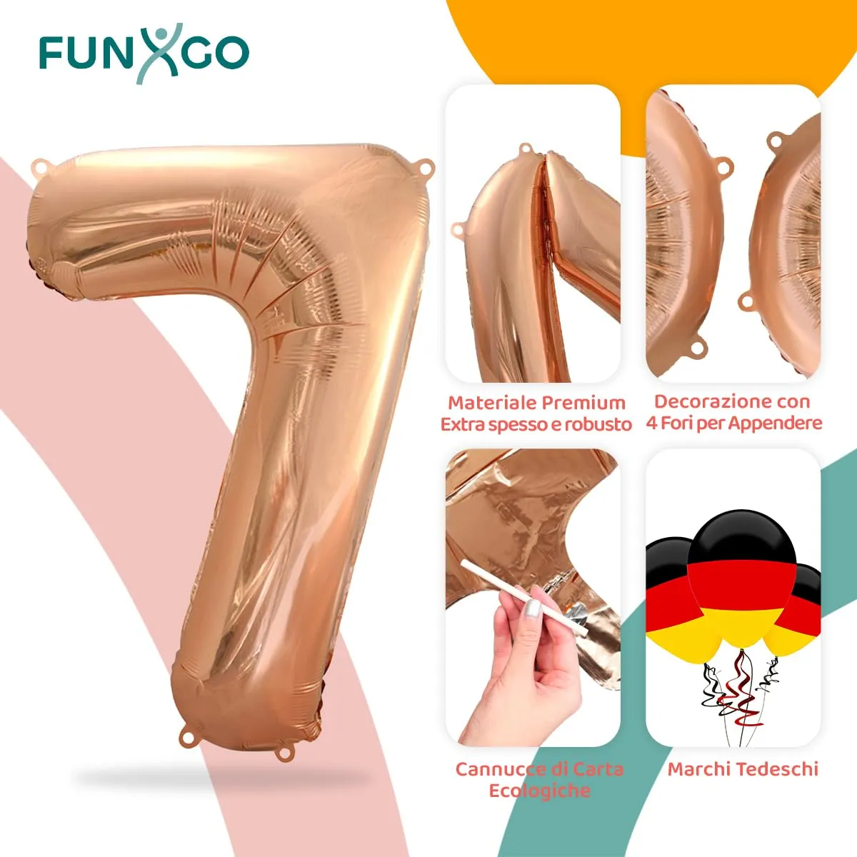 FUNXGO Palloncino Alluminio Numero 7 Oro Rosa - immagine 3