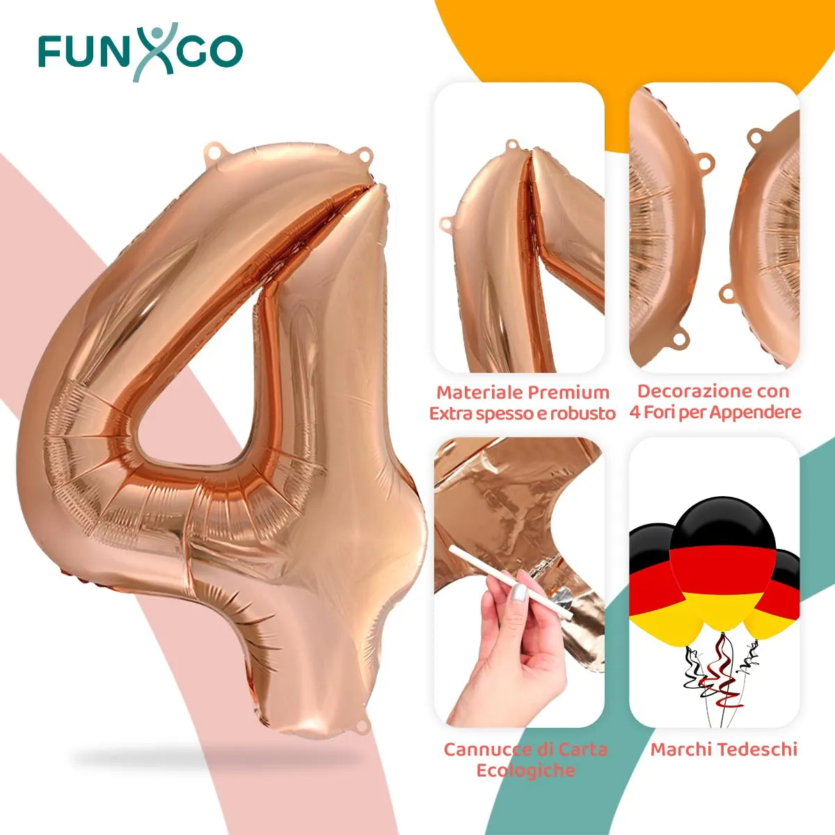 FUNXGO Palloncino Numero 4 Oro Rosa per Compleanno - immagine 3