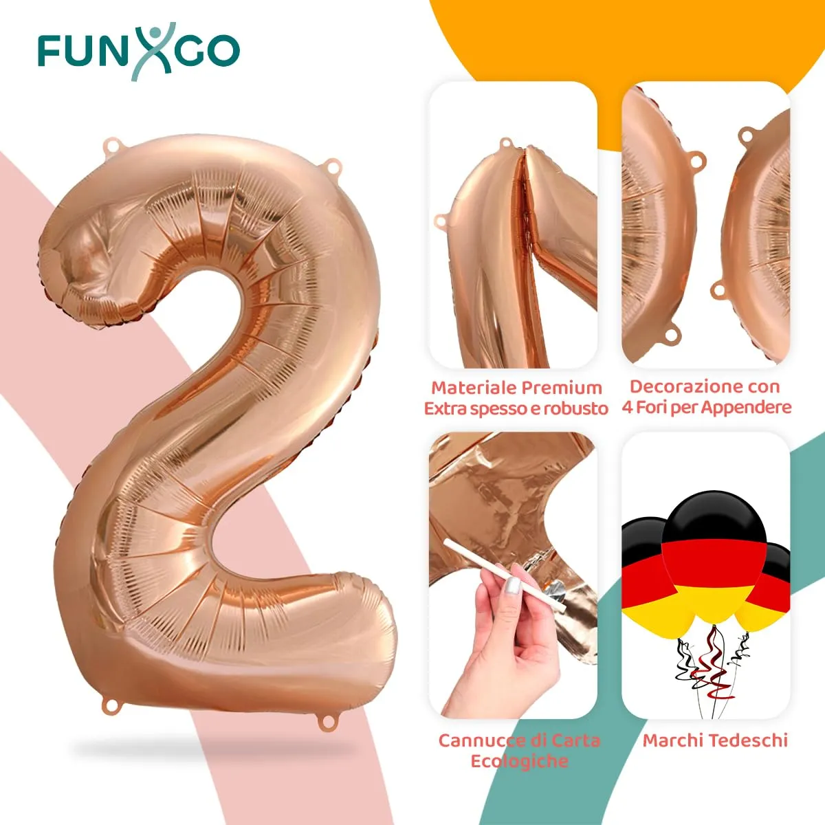 FUNXGO Palloncino Numero 2 Oro Rosa per Compleanno - immagine 3