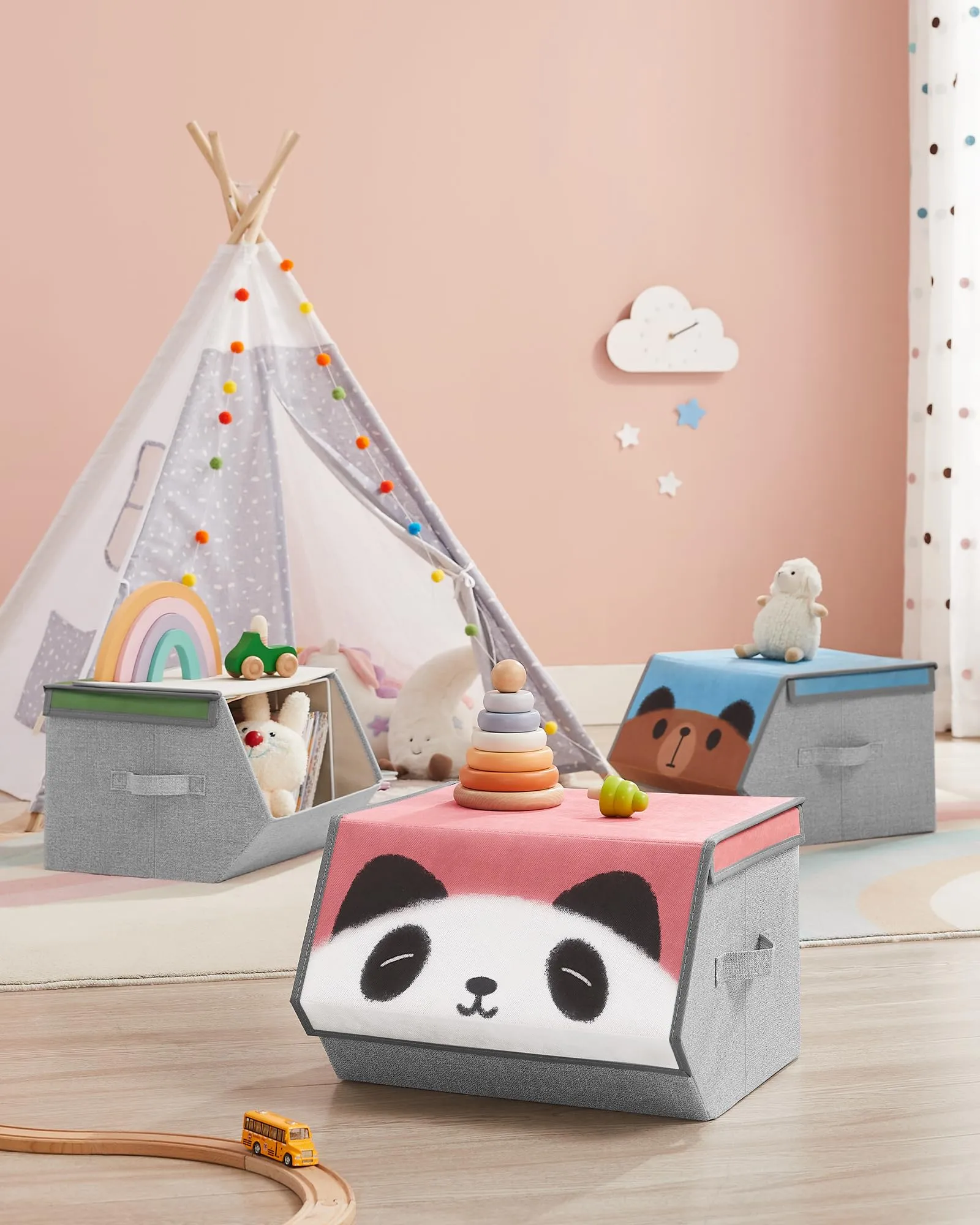 SONGMICS Organizzatori per Bambini, 3 Scatole Portaoggetti Impilabili e Pieghevoli con Manici e Coperchio Magnetico, Tema Maiale Orso Panda, Rosa, Blu, Verde e Grigio RFB760P02 - immagine 2