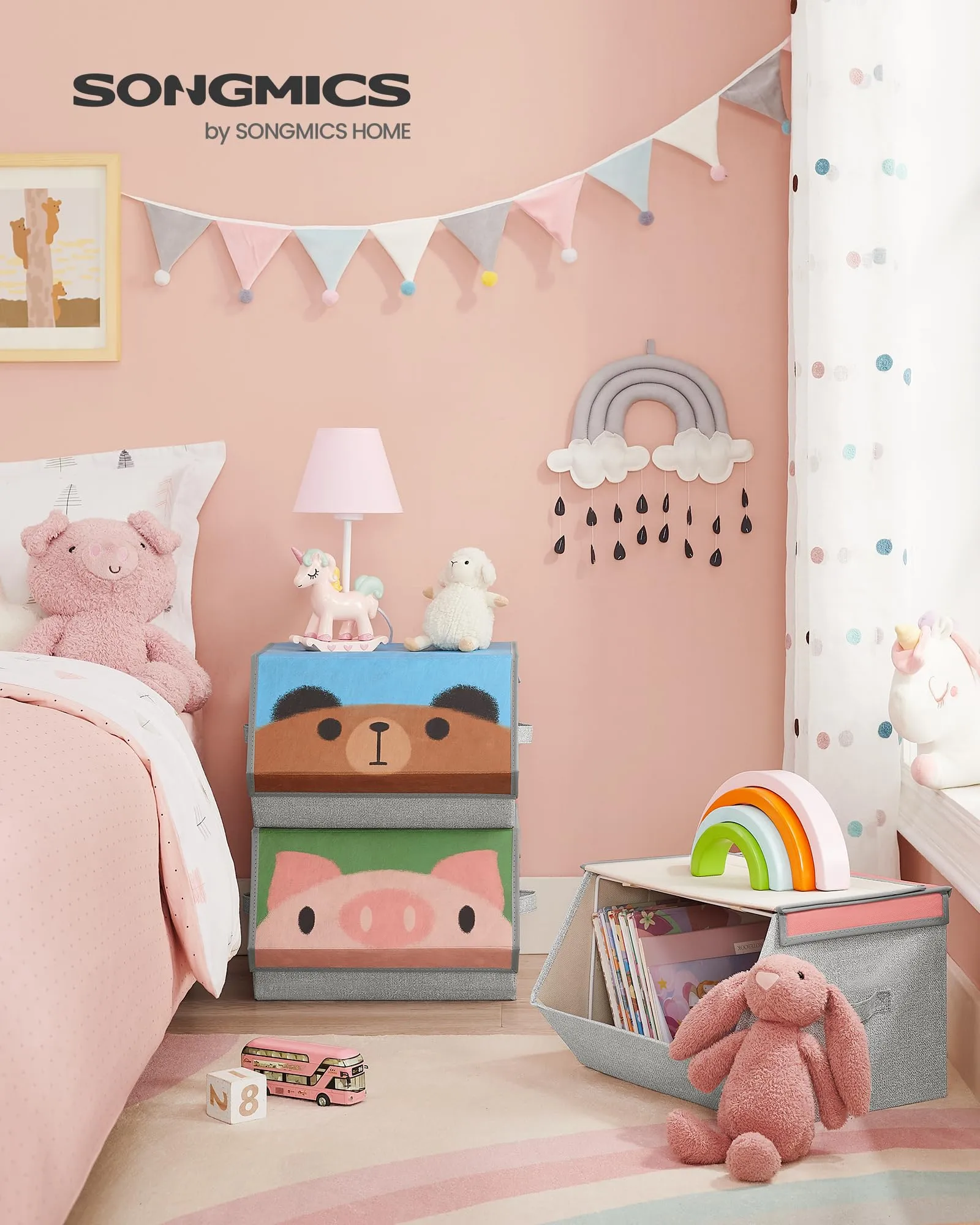 SONGMICS Organizzatori per Bambini, 3 Scatole Portaoggetti Impilabili e Pieghevoli con Manici e Coperchio Magnetico, Tema Maiale Orso Panda, Rosa, Blu, Verde e Grigio RFB760P02 - immagine 3