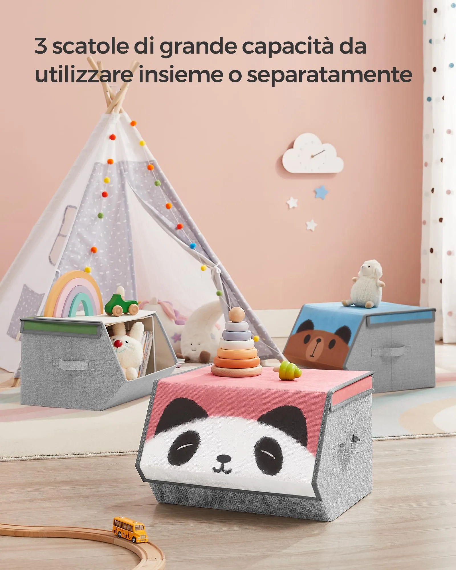 SONGMICS Organizzatori per Bambini, 3 Scatole Portaoggetti Impilabili e Pieghevoli con Manici e Coperchio Magnetico, Tema Maiale Orso Panda, Rosa, Blu, Verde e Grigio RFB760P02 - immagine 4