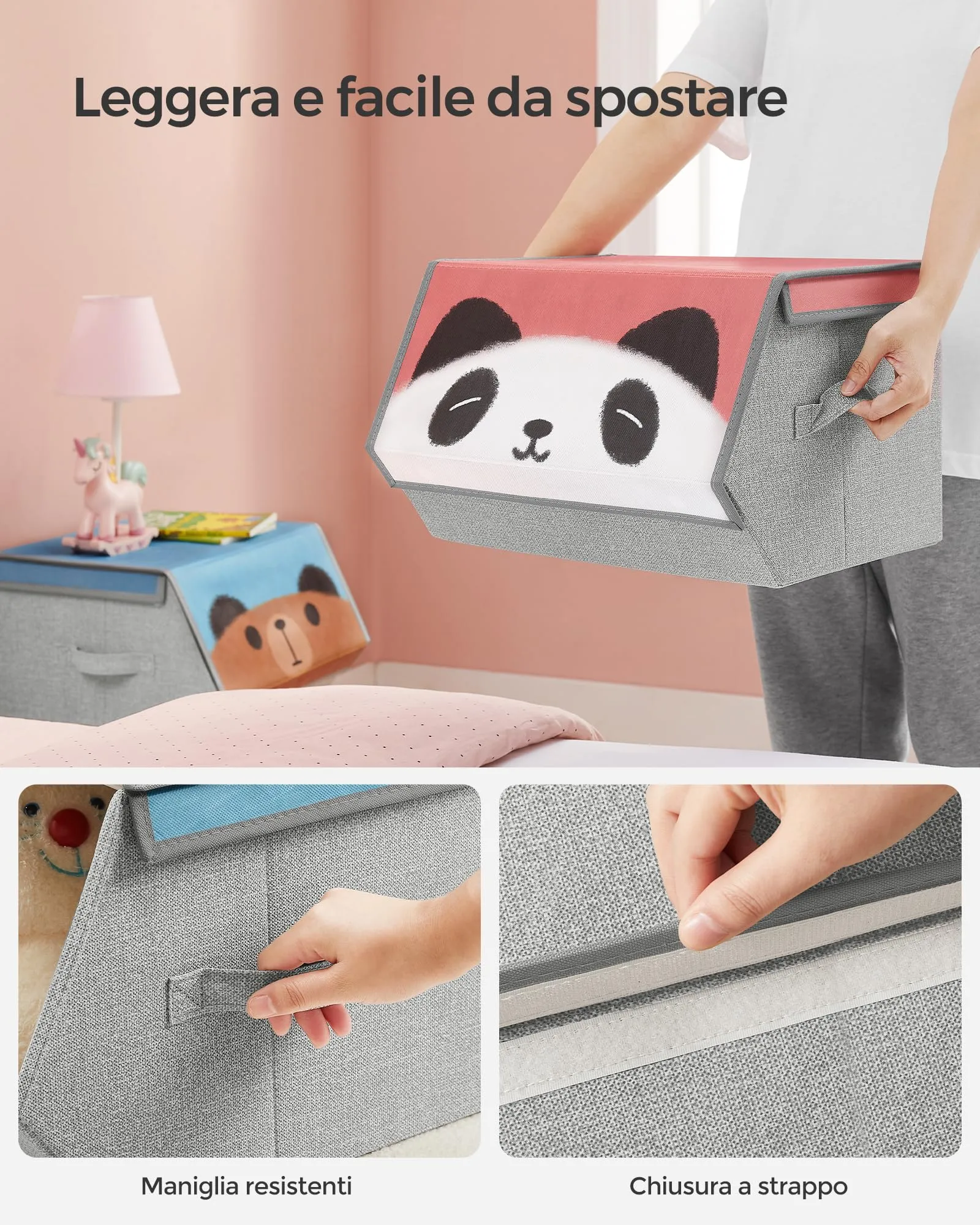 SONGMICS Organizzatori per Bambini, 3 Scatole Portaoggetti Impilabili e Pieghevoli con Manici e Coperchio Magnetico, Tema Maiale Orso Panda, Rosa, Blu, Verde e Grigio RFB760P02 - immagine 6