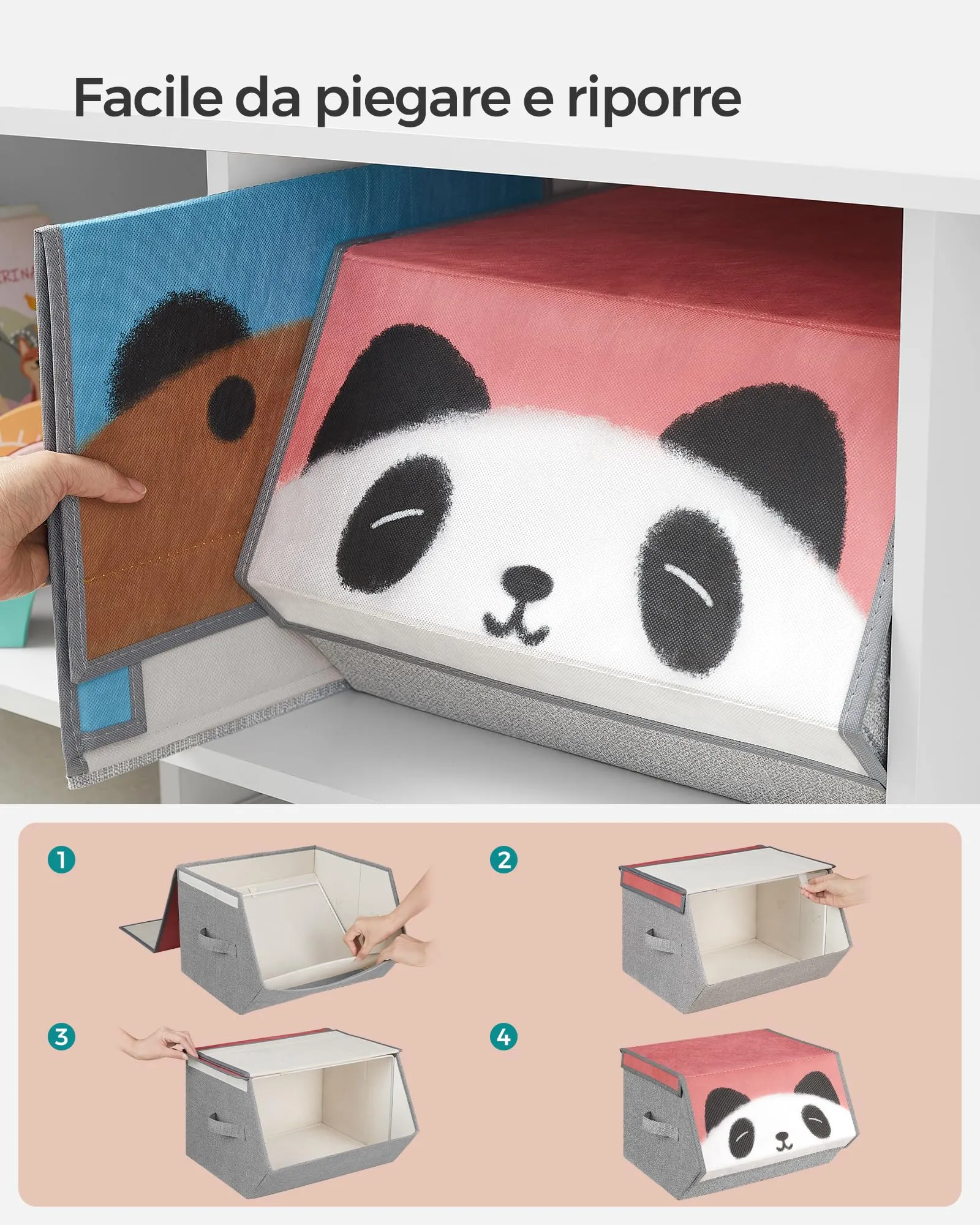 SONGMICS Organizzatori per Bambini, 3 Scatole Portaoggetti Impilabili e Pieghevoli con Manici e Coperchio Magnetico, Tema Maiale Orso Panda, Rosa, Blu, Verde e Grigio RFB760P02 - immagine 7