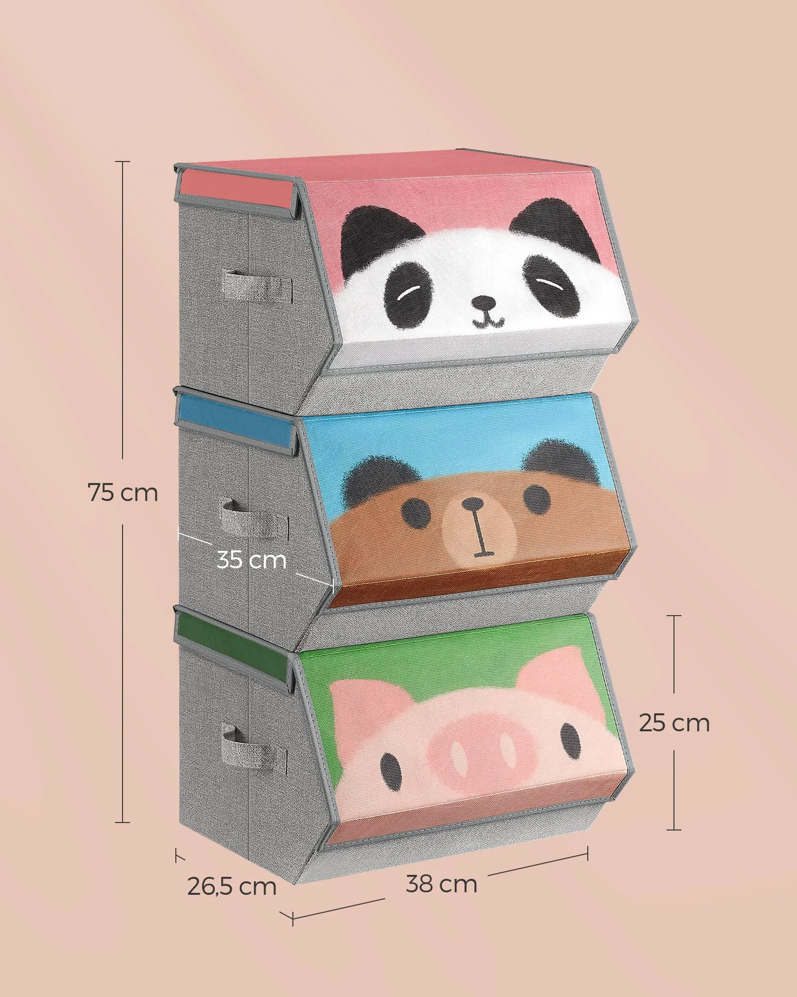 SONGMICS Organizzatori per Bambini, 3 Scatole Portaoggetti Impilabili e Pieghevoli con Manici e Coperchio Magnetico, Tema Maiale Orso Panda, Rosa, Blu, Verde e Grigio RFB760P02 - immagine 8
