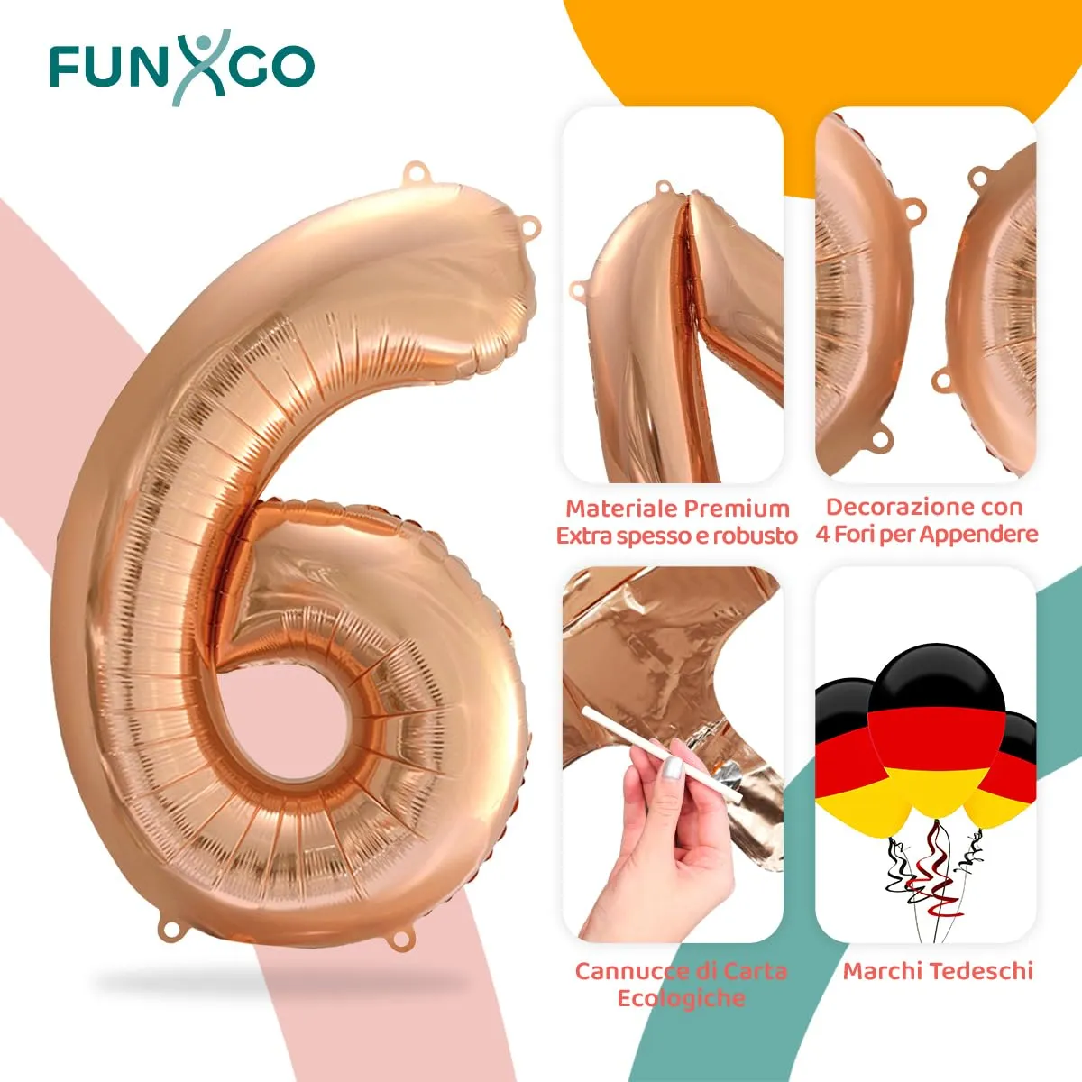 FUNXGO Palloncino Numero 6 Oro Rosa per Compleanno - immagine 3