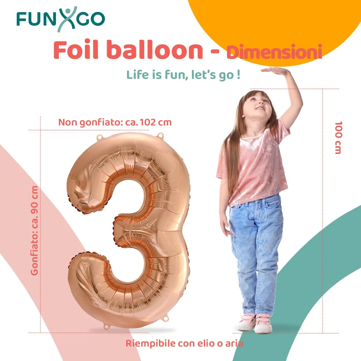 FUNXGO Palloncino in pellicola Numero 3, Oro Rosa, 100 cm - immagine 2