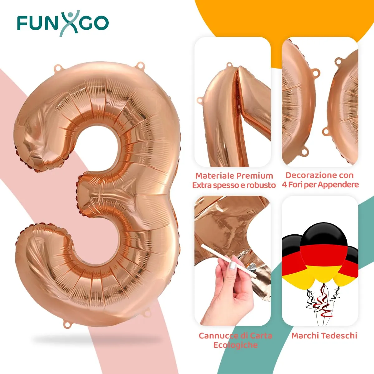 FUNXGO Palloncino in pellicola Numero 3, Oro Rosa, 100 cm - immagine 3