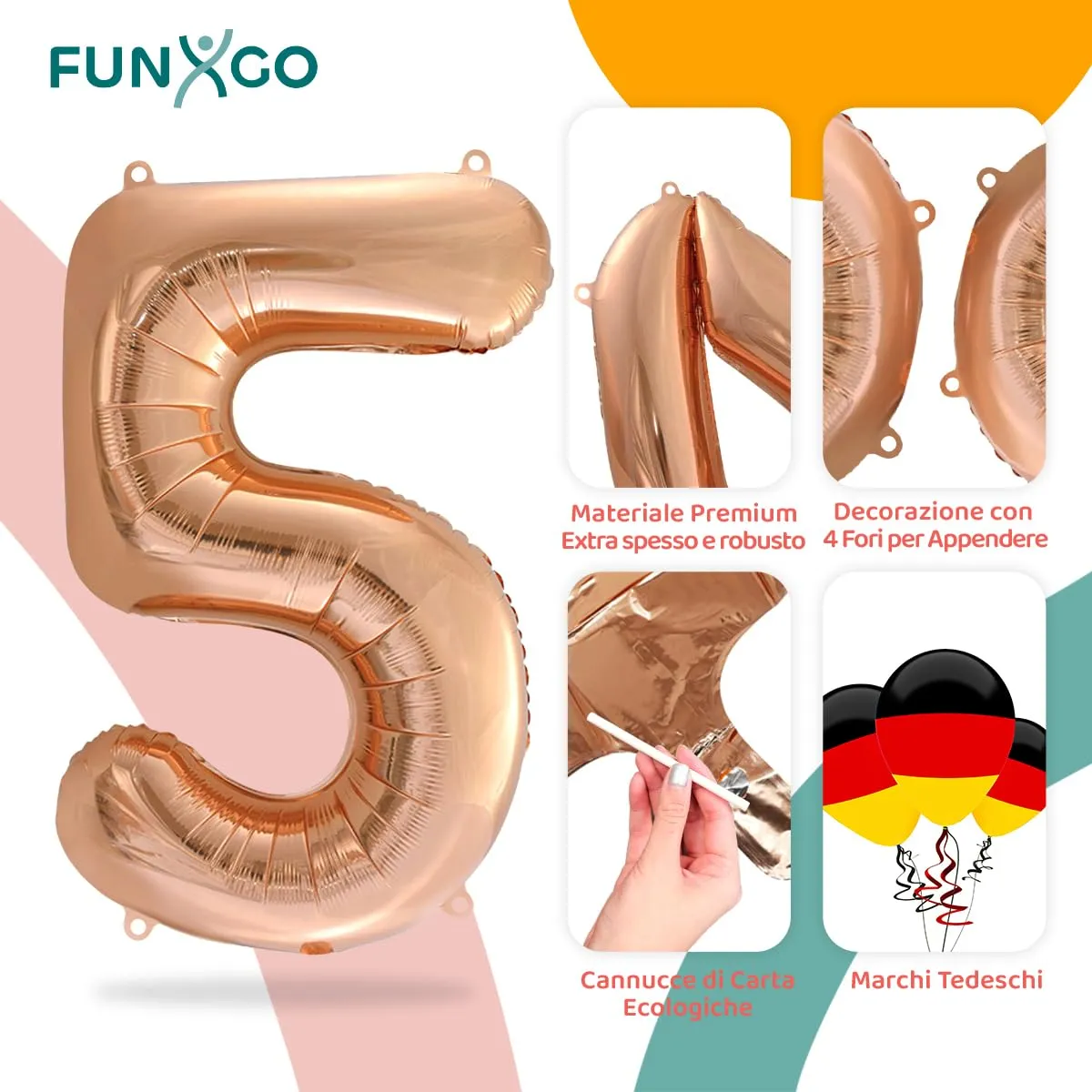 FUNXGO Palloncino in Alluminio Numero 5 Oro Rosa - immagine 3