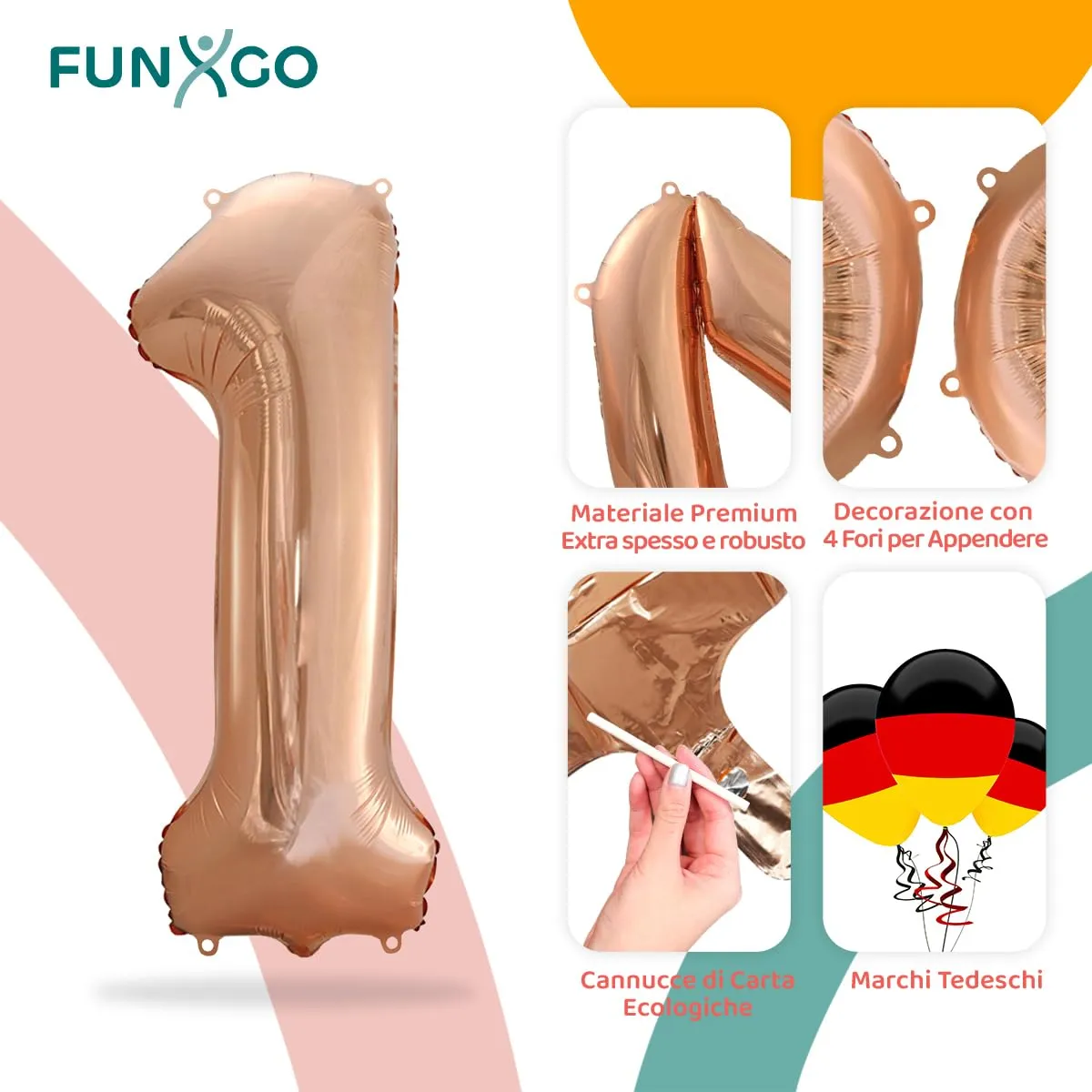 FUNXGO Palloncino Numero 1 Oro Rosa per Compleanno - immagine 3