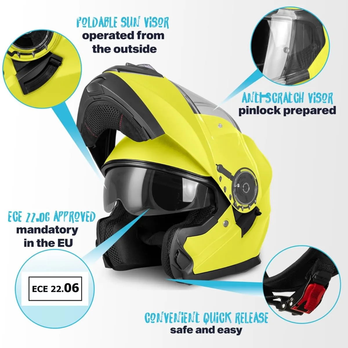 Vinz Santos Casco Modulare Moto & Scooter, Doppia Visiera, ECE 22.06, Pinlock Preparato, Giallo Fluorescente - immagine 2