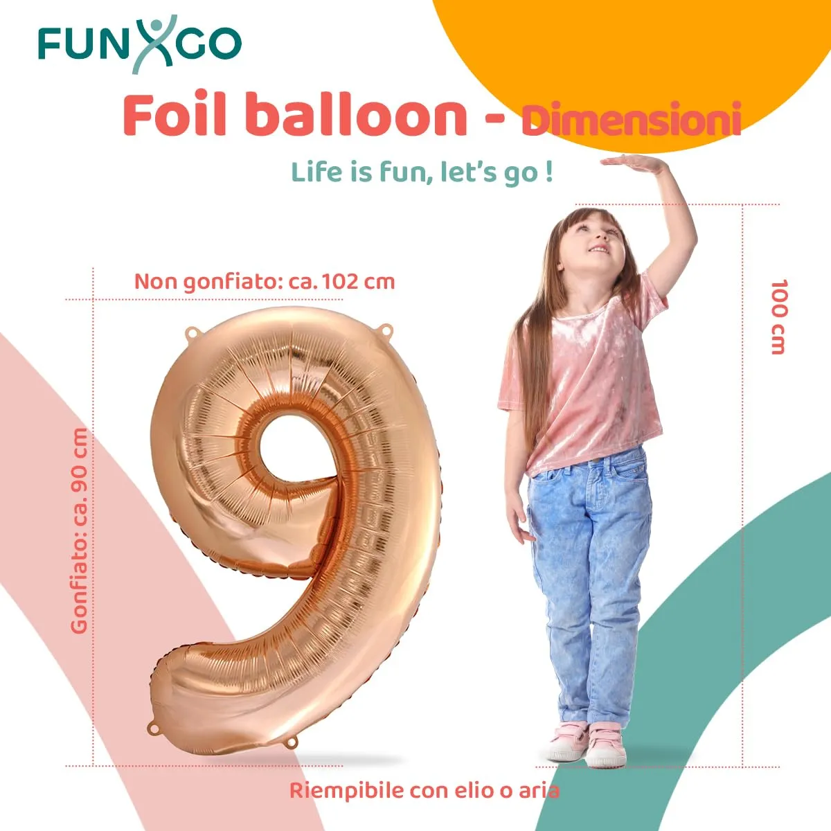 FUNXGO Palloncino in alluminio Numero 9, Oro Rosa, 100 cm - immagine 2