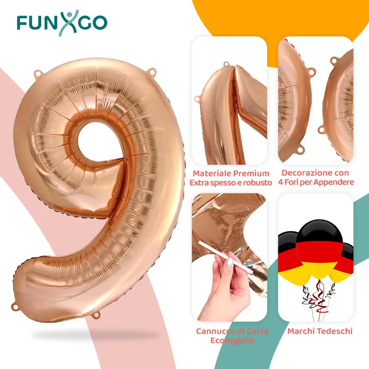 FUNXGO Palloncino in alluminio Numero 9, Oro Rosa, 100 cm - immagine 3