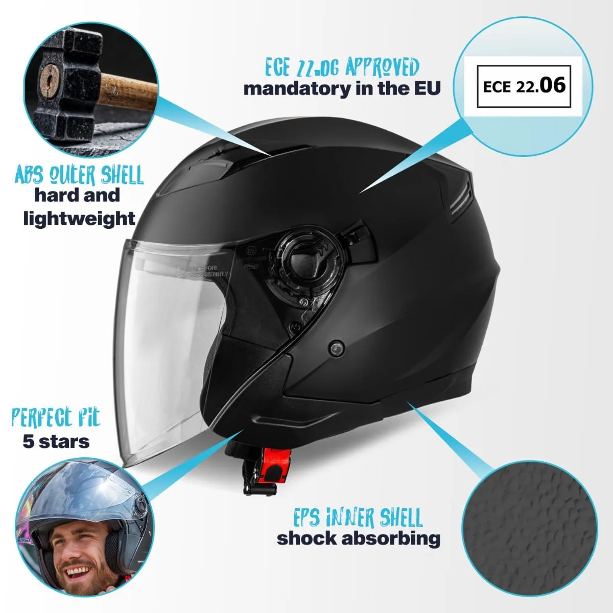 Vinz Calobra Casco Jet Doppia Visiera ECE 22.06 - Nero Opaco - immagine 4