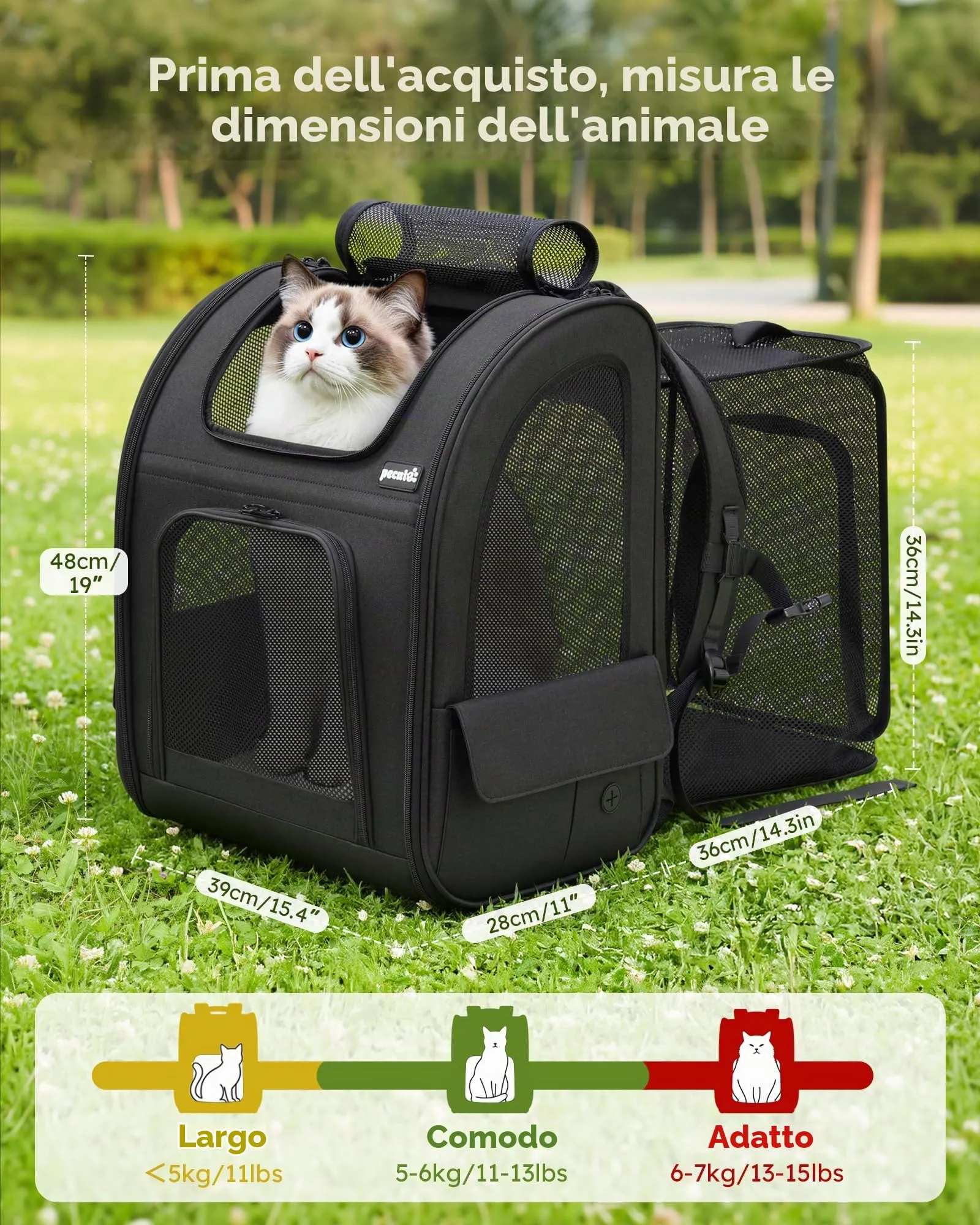 Pecute Zaino Trasportino Estensibile per Cani e Gatti, XL, Nero - immagine 2