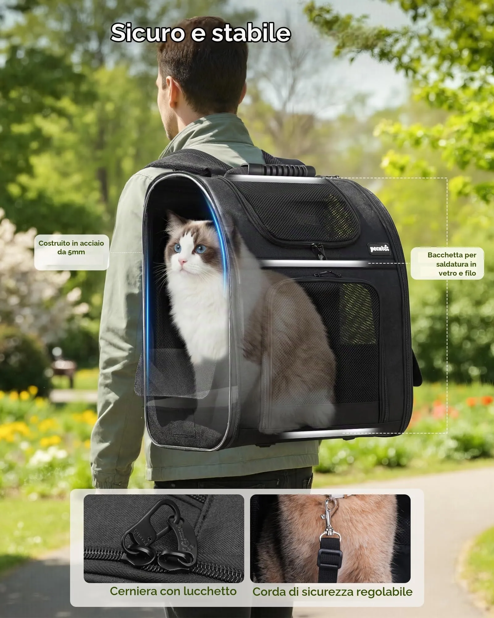 Pecute Zaino Trasportino Estensibile per Cani e Gatti, XL, Nero - immagine 5