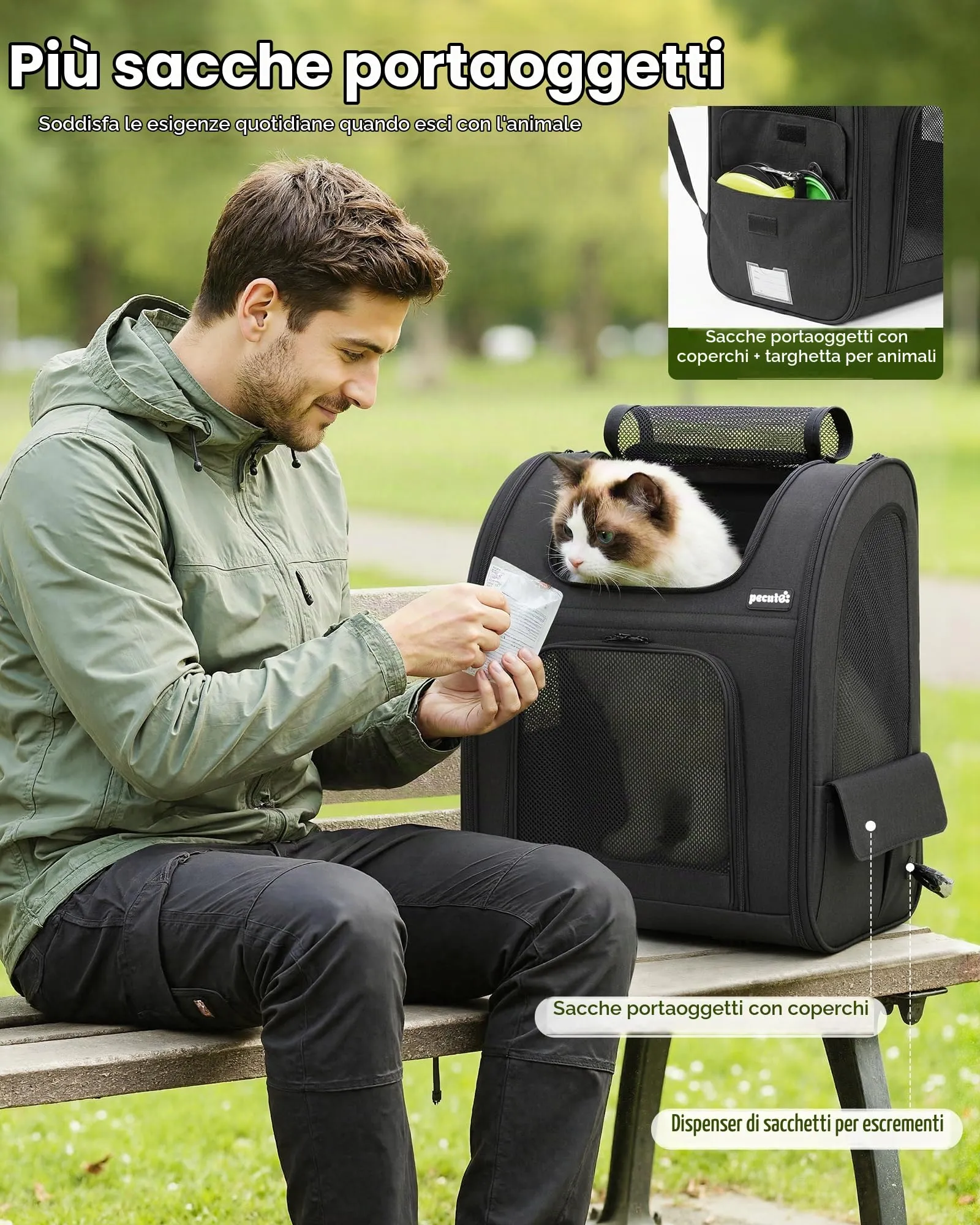 Pecute Zaino Trasportino Estensibile per Cani e Gatti, XL, Nero - immagine 9