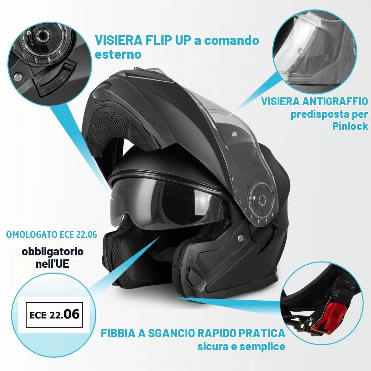 Vinz Santos Casco Modulare Moto & Scooter, Doppia Visiera, ECE 22.06, Pinlock Preparato, Nero Opaco - immagine 2
