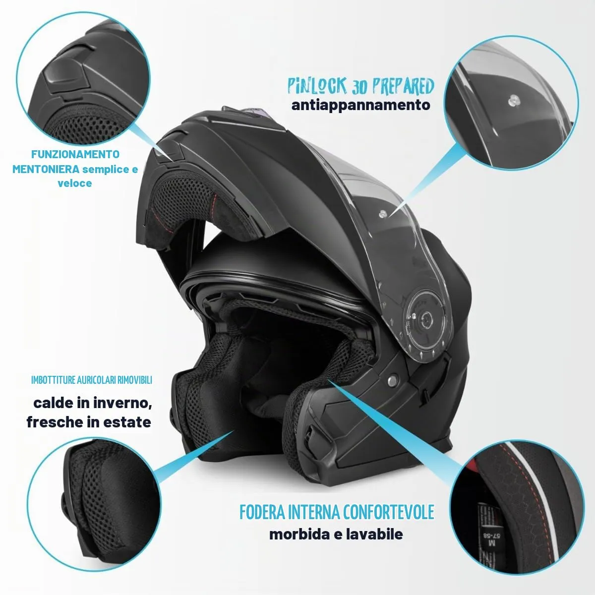 Vinz Santos Casco Modulare Moto & Scooter, Doppia Visiera, ECE 22.06, Pinlock Preparato, Nero Opaco - immagine 3