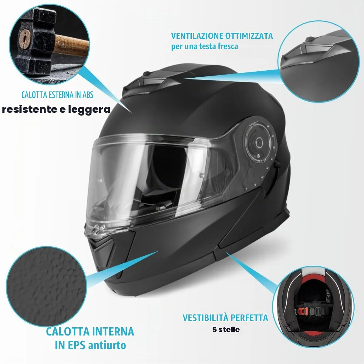 Vinz Santos Casco Modulare Moto & Scooter, Doppia Visiera, ECE 22.06, Pinlock Preparato, Nero Opaco - immagine 4