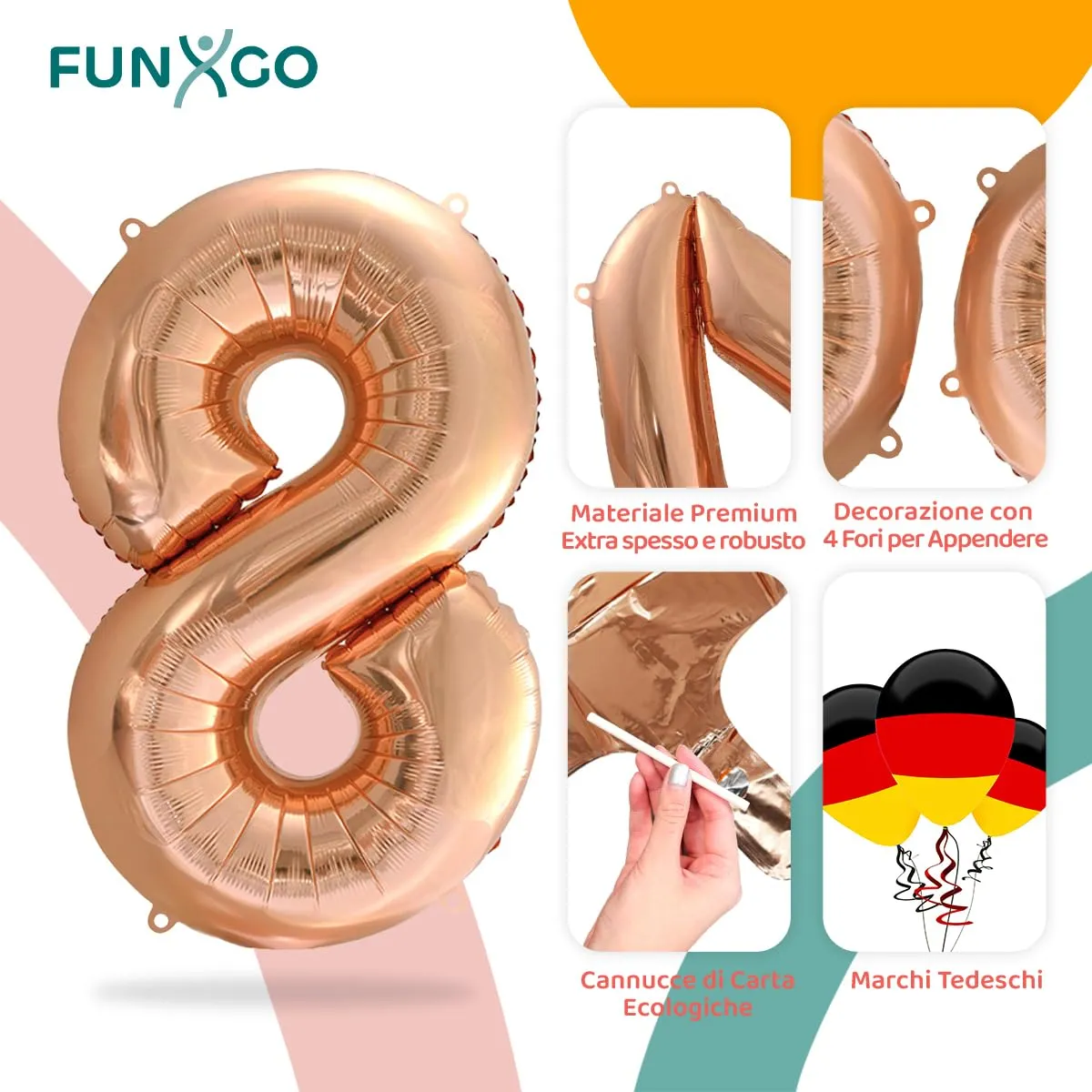FUNXGO Palloncino Numero 8 Oro Rosa per Compleanno - immagine 3
