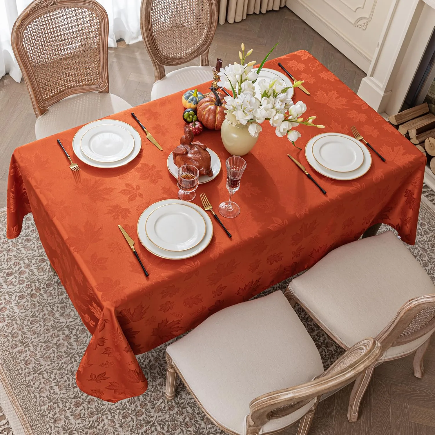 Softalker Tovaglia Rettangolare in Tessuto Jacquard con Foglie d'Acero, Poliestere Damascato, 152,4 x 365,7 cm - immagine 5