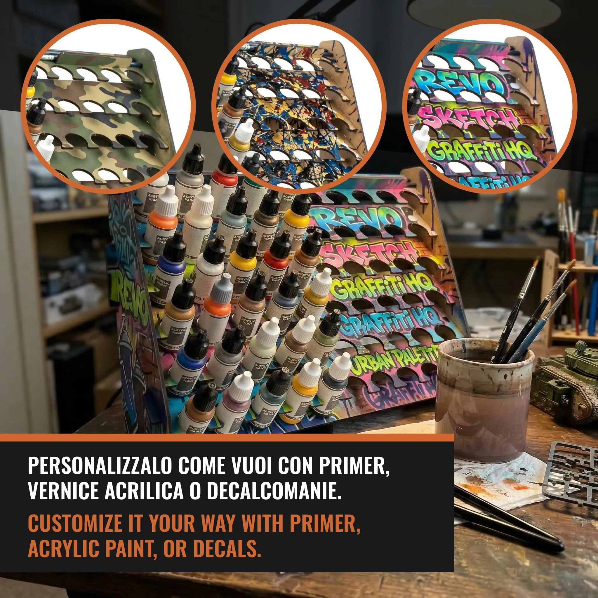 PROSCALE Porta pennelli e organizer colori da parete per modellismo, espositore per bottiglie acriliche Vallejo e Army Painter (26 mm) - immagine 7